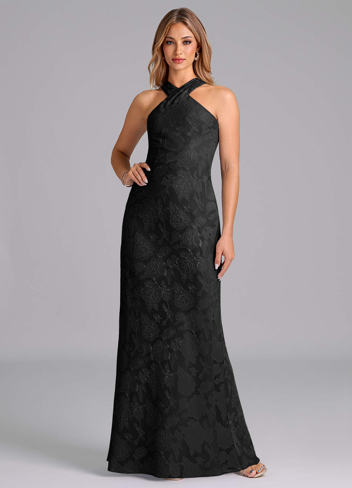 Azazie Doretta Bridesmaid Dresses Black Mermaid Pleated Floral Burnout Dress image1