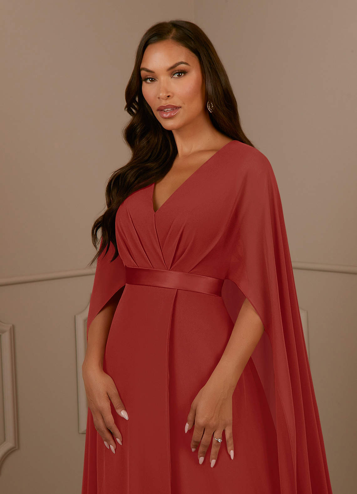 Azazie Isa Terracotta A-Line V-Neck Pleated Chiffon Dress | Azazie