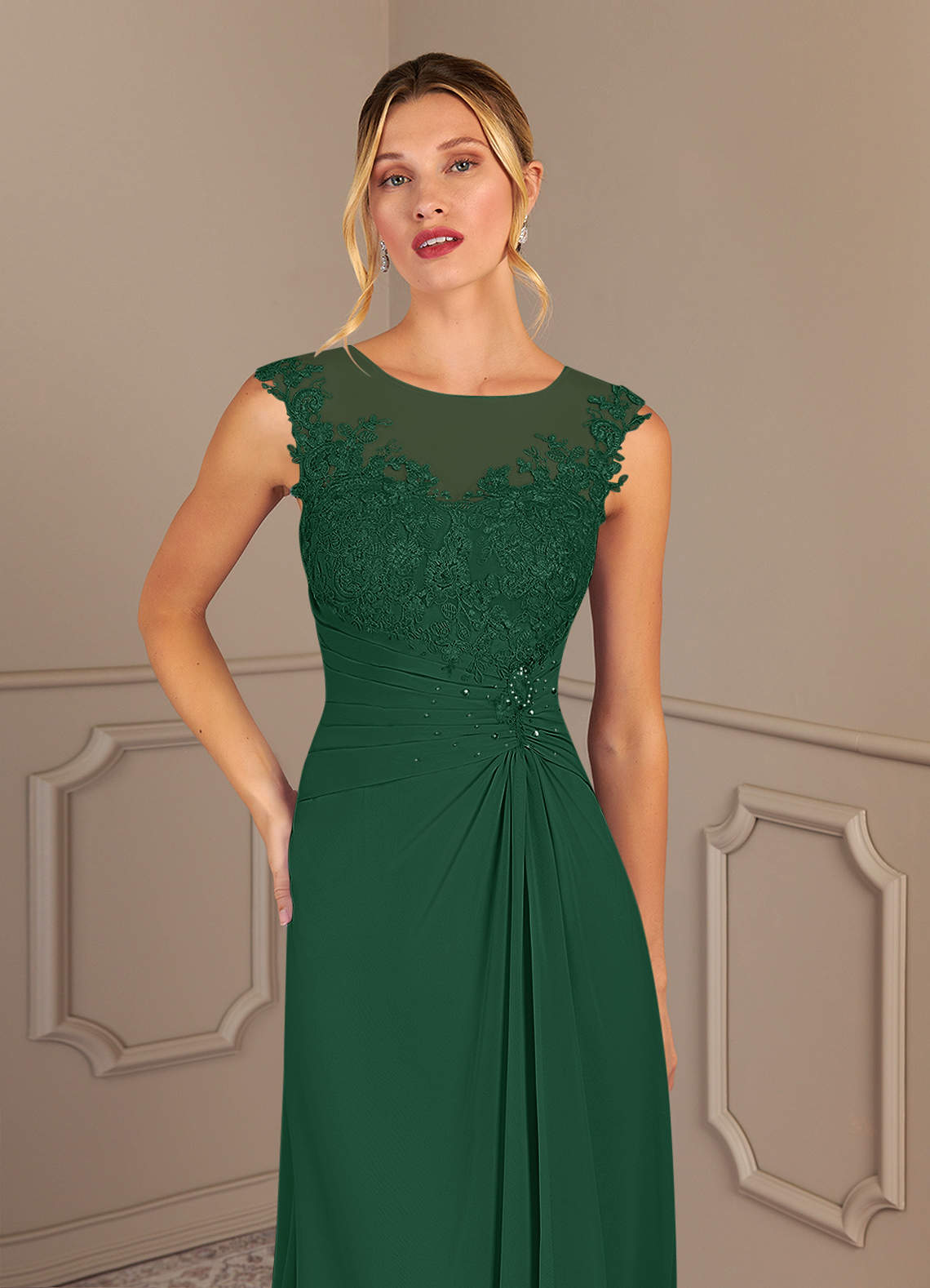 Azazie Endora Mother of the Bride Dresses Dark Green A-Line Scoop Lace Chiffon Dress image4