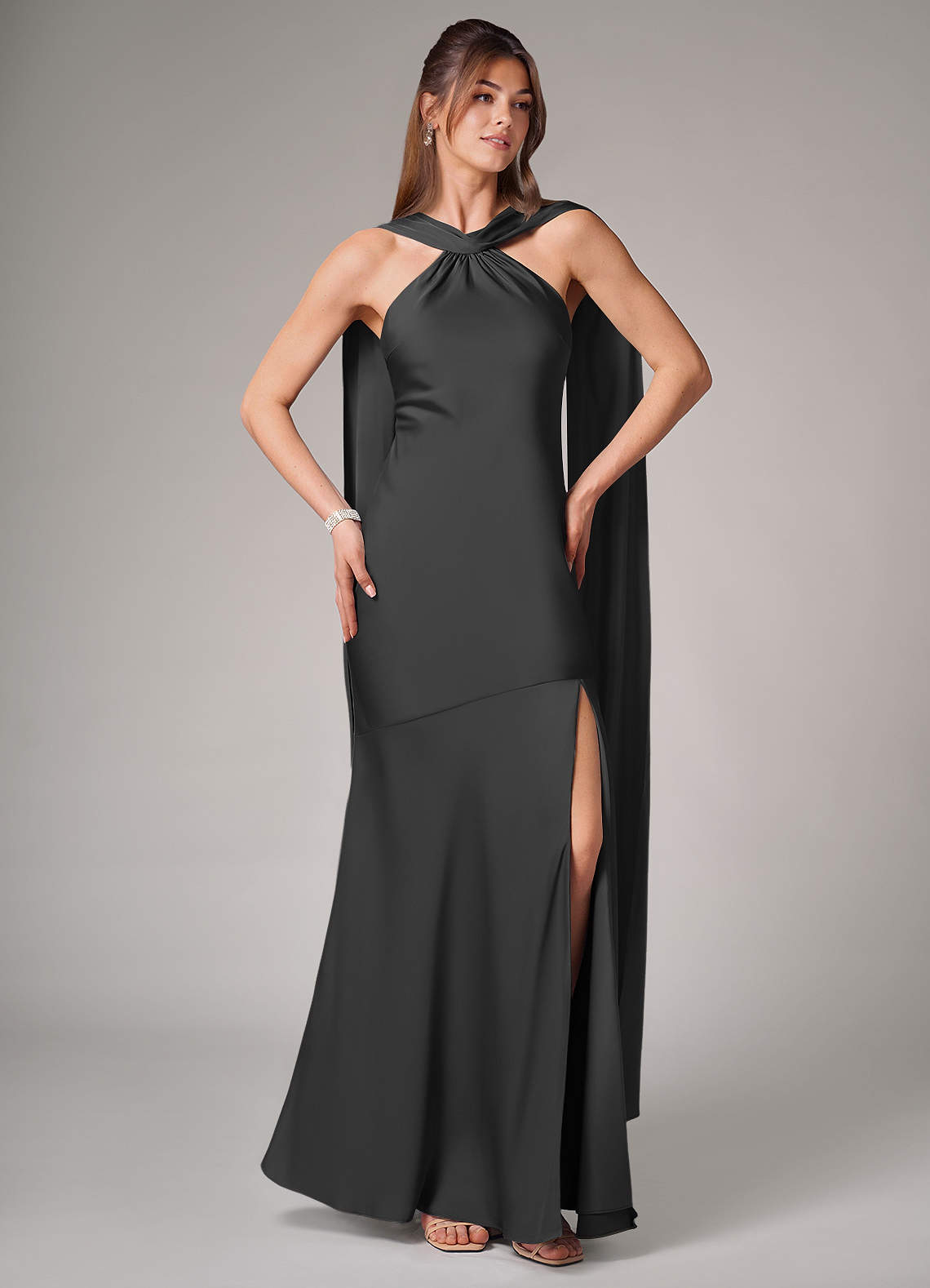 Azazie Kinsley Bridesmaid Dresses Black Mermaid Side Slit Stretch Satin Dress image4