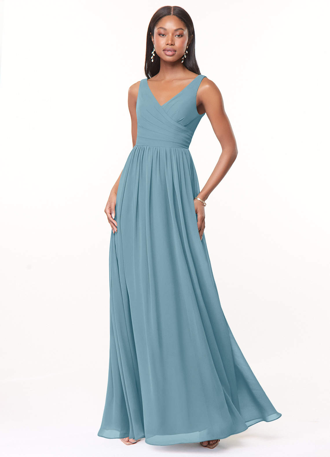 Azazie Keyla Bridesmaid Dresses Moody Blue A-Line V-Neck Pleated Chiffon Dress image1