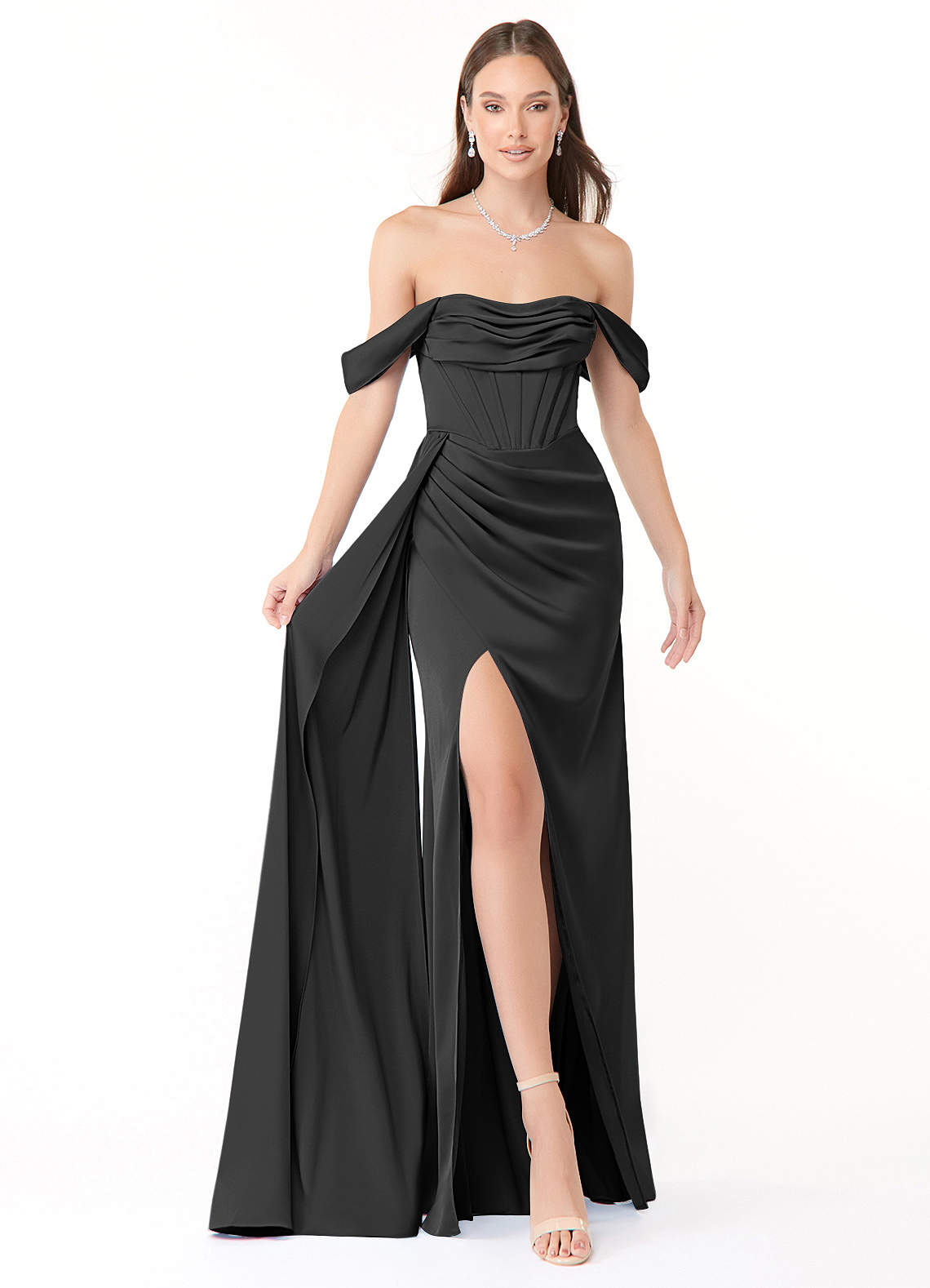 Azazie Amyra Black Stretch Satin Bridesmaid Dresses | Azazie