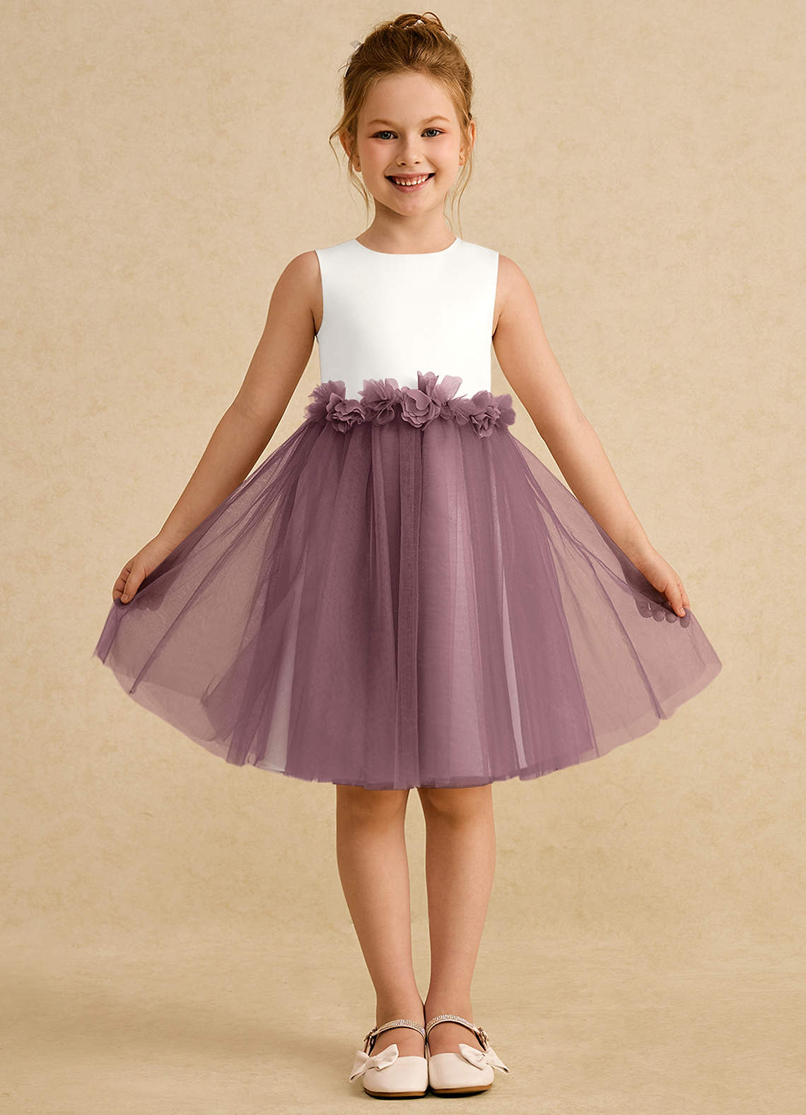Azazie Louisa Flower Girl Dresses Ivory Vintage Mauve A-Line Sleeveless Tulle Dress image1