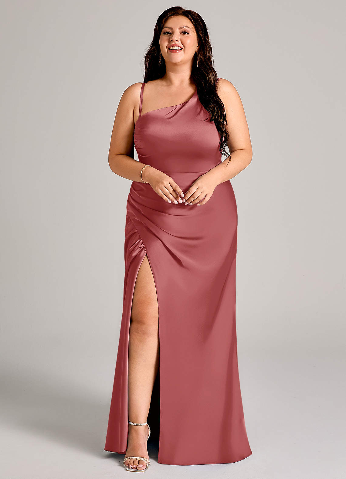 Azazie Madelyn At-home Try On Dresses Agave Mermaid One Shoulder Stretch Satin Convertible Dress image13