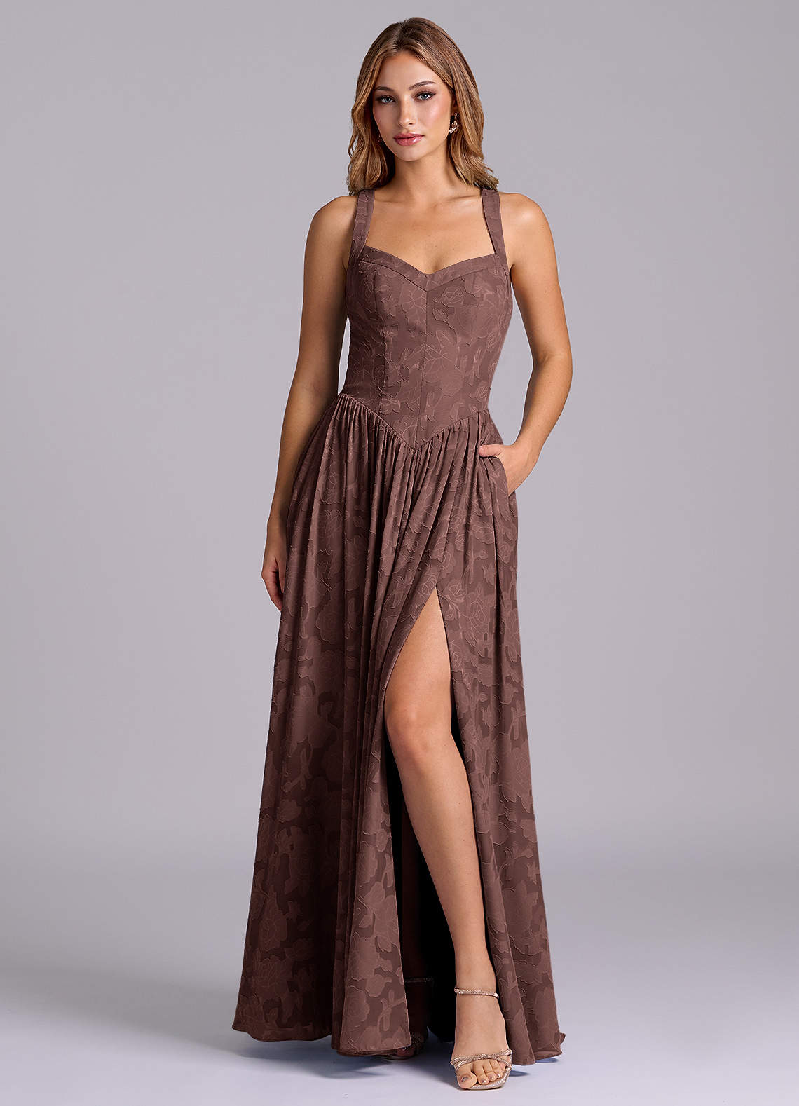 Azazie Francis Bridesmaid Dresses Espresso A-Line Corset Floral Burnout Dress image1