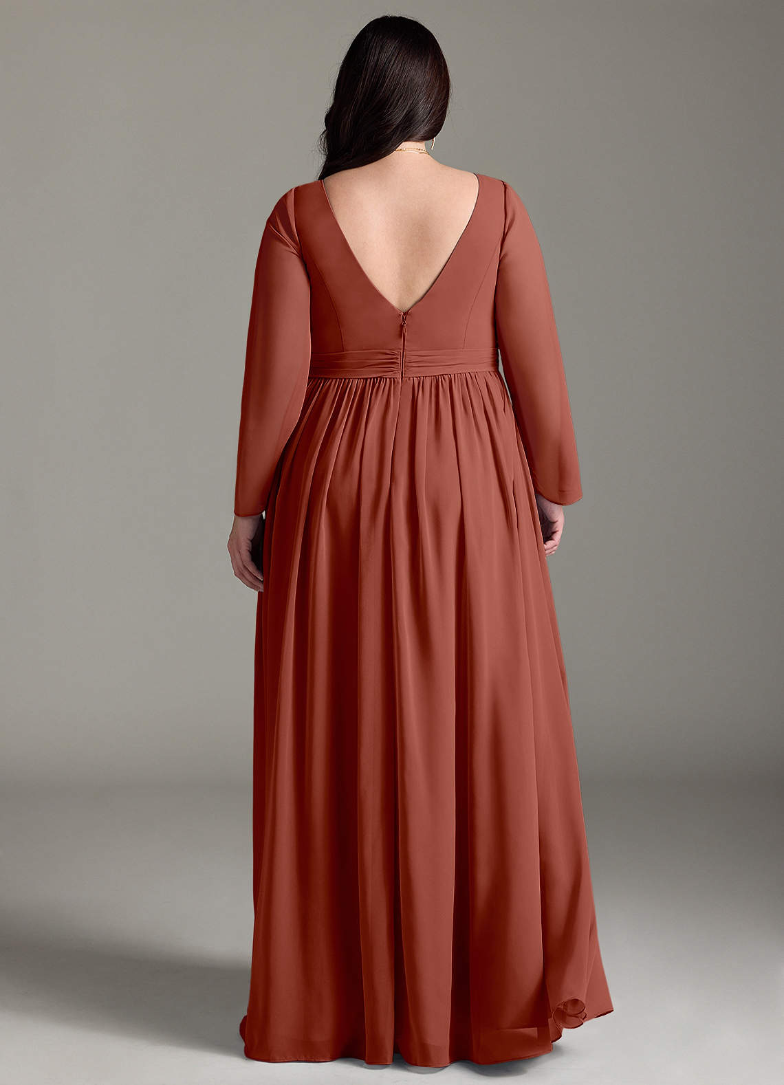 Azazie Teton At-home Try On Dresses A-Line Long Sleeve Chiffon Floor-Length Dress image7