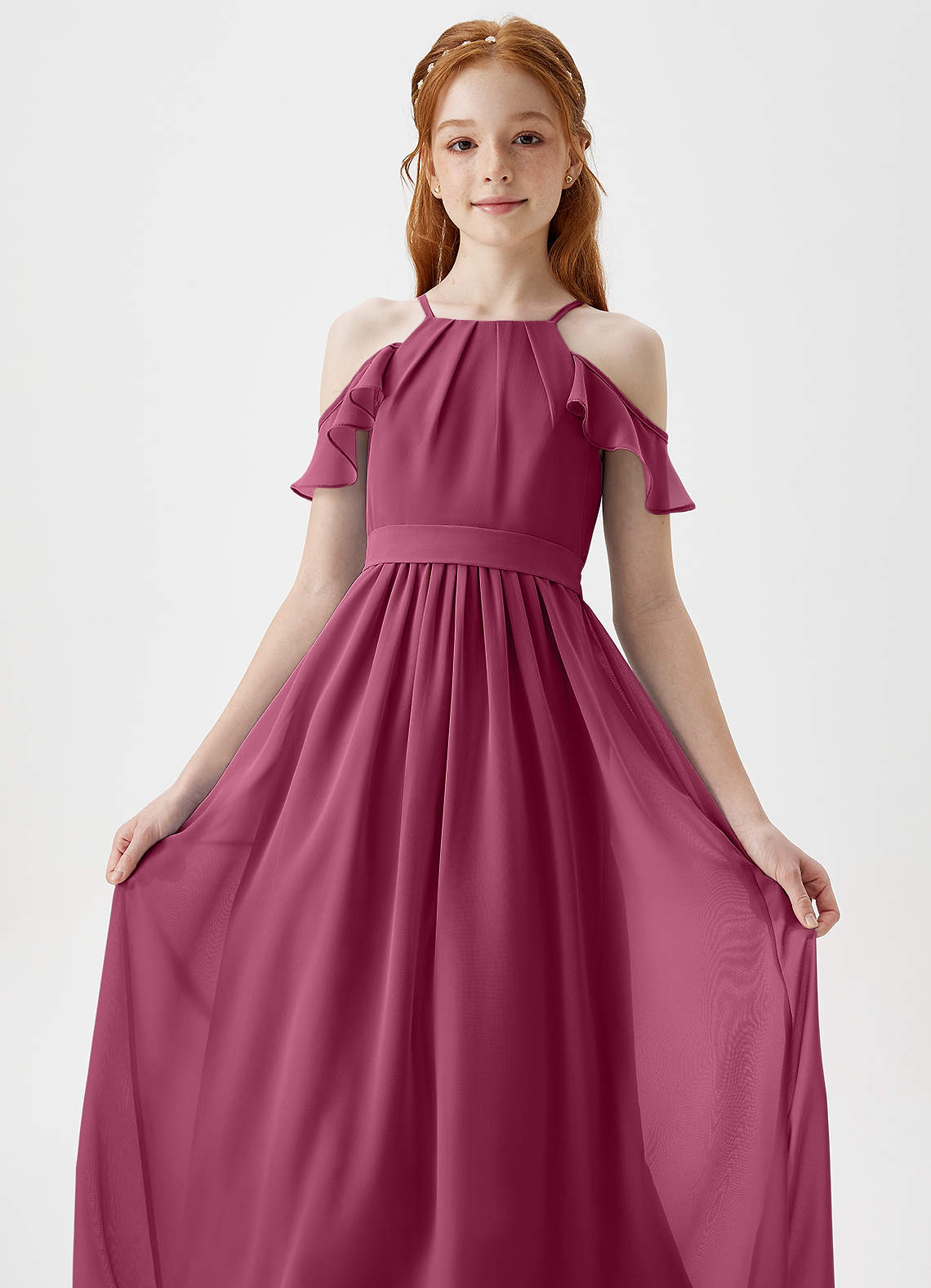 Azazie Chaya Junior Mulberry A-Line Off the Shoulder Chiffon Dress image1