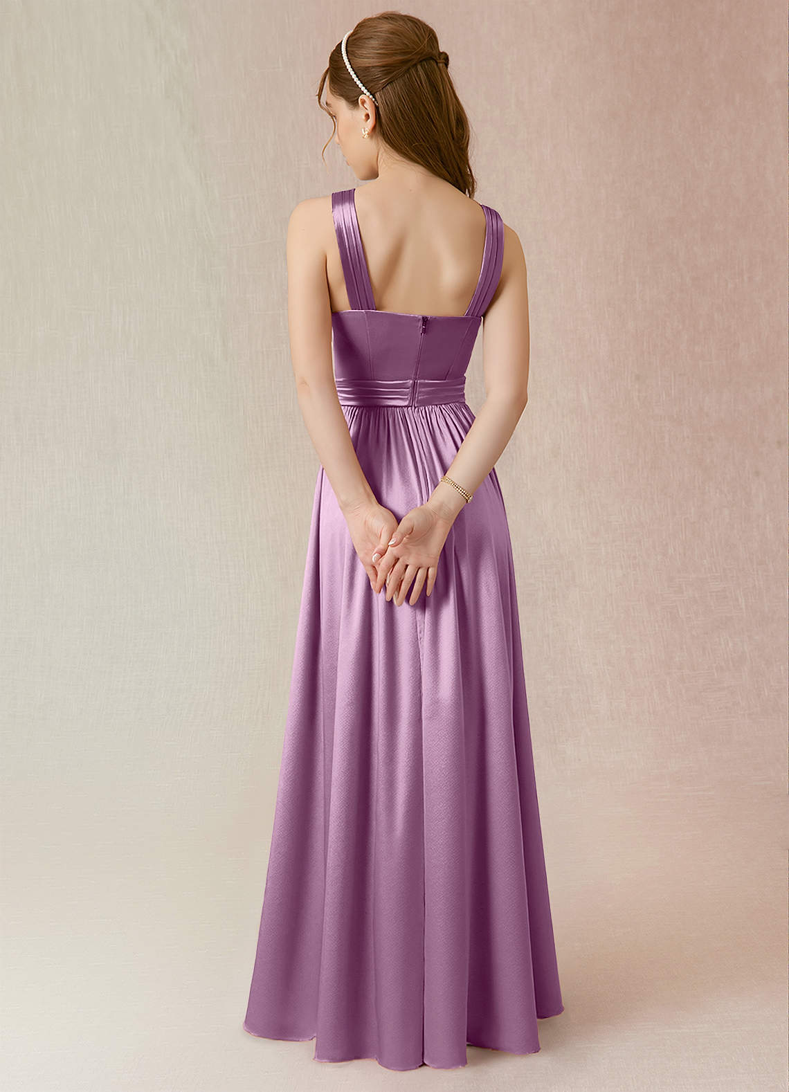 Azazie Jiya Junior Wisteria A-Line Pleated Metallic Satin Dress image1