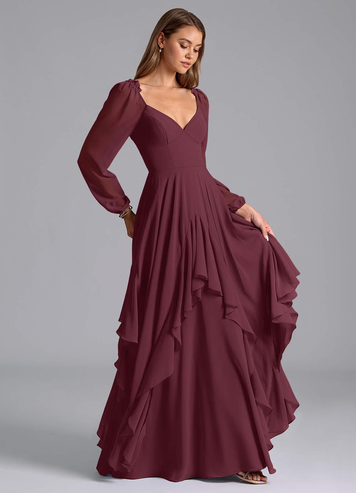 Azazie A-Line V-Neck Long Sleeve Floor-Length Chiffon Bridesmaid Dresses - Cabernet