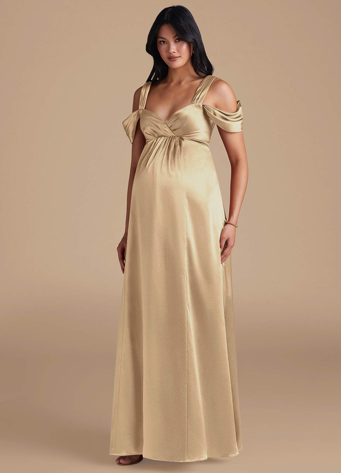 Azazie Rhea Maternity Bridesmaid Dresses A-Line Pleated Metallic Satin Floor-Length Dress image1