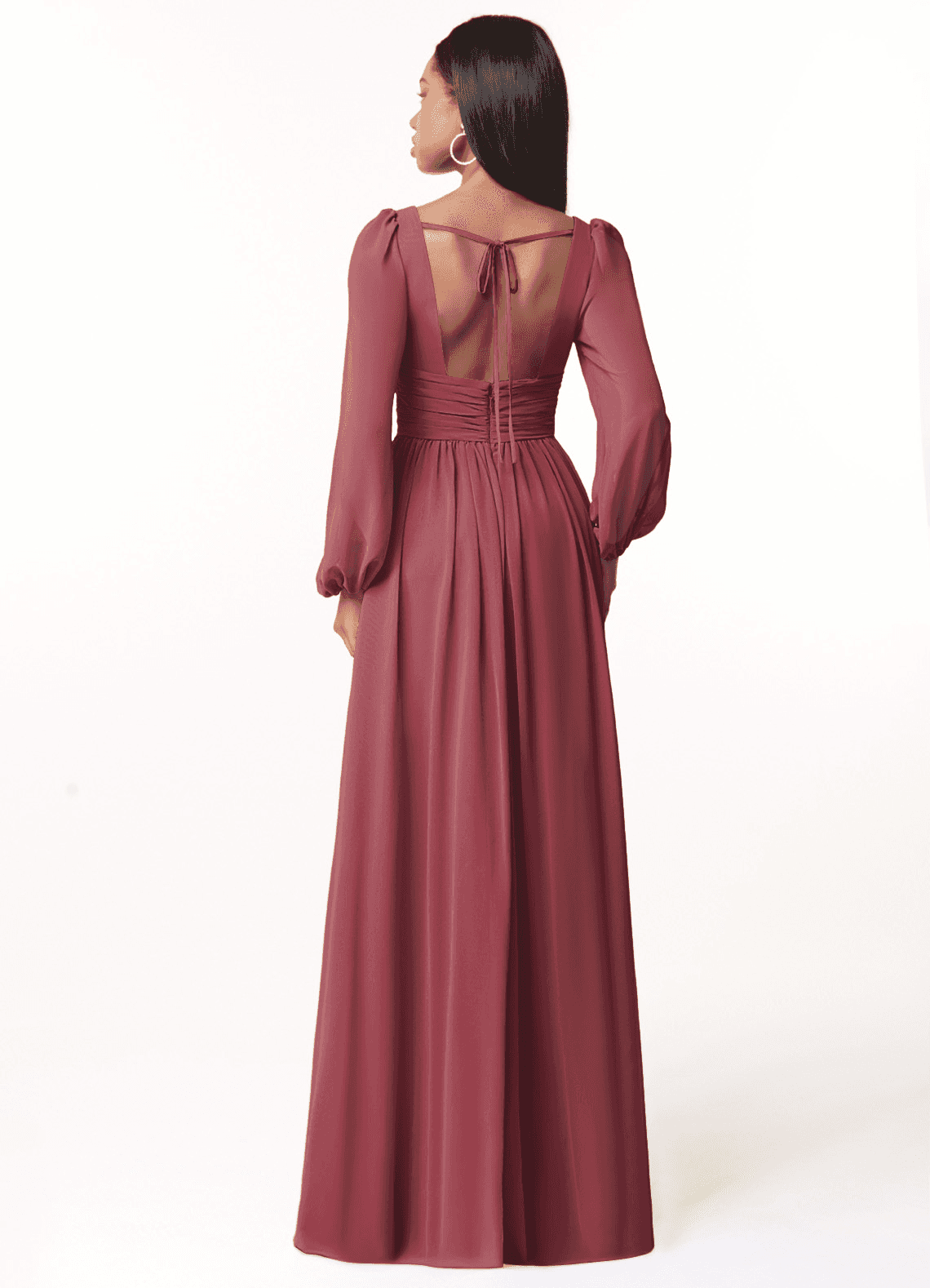 Azazie Norah Vestidos de damas de honor Vestido de Merlot de Gasa de Corte en A con Manga larga con cuello en V image1