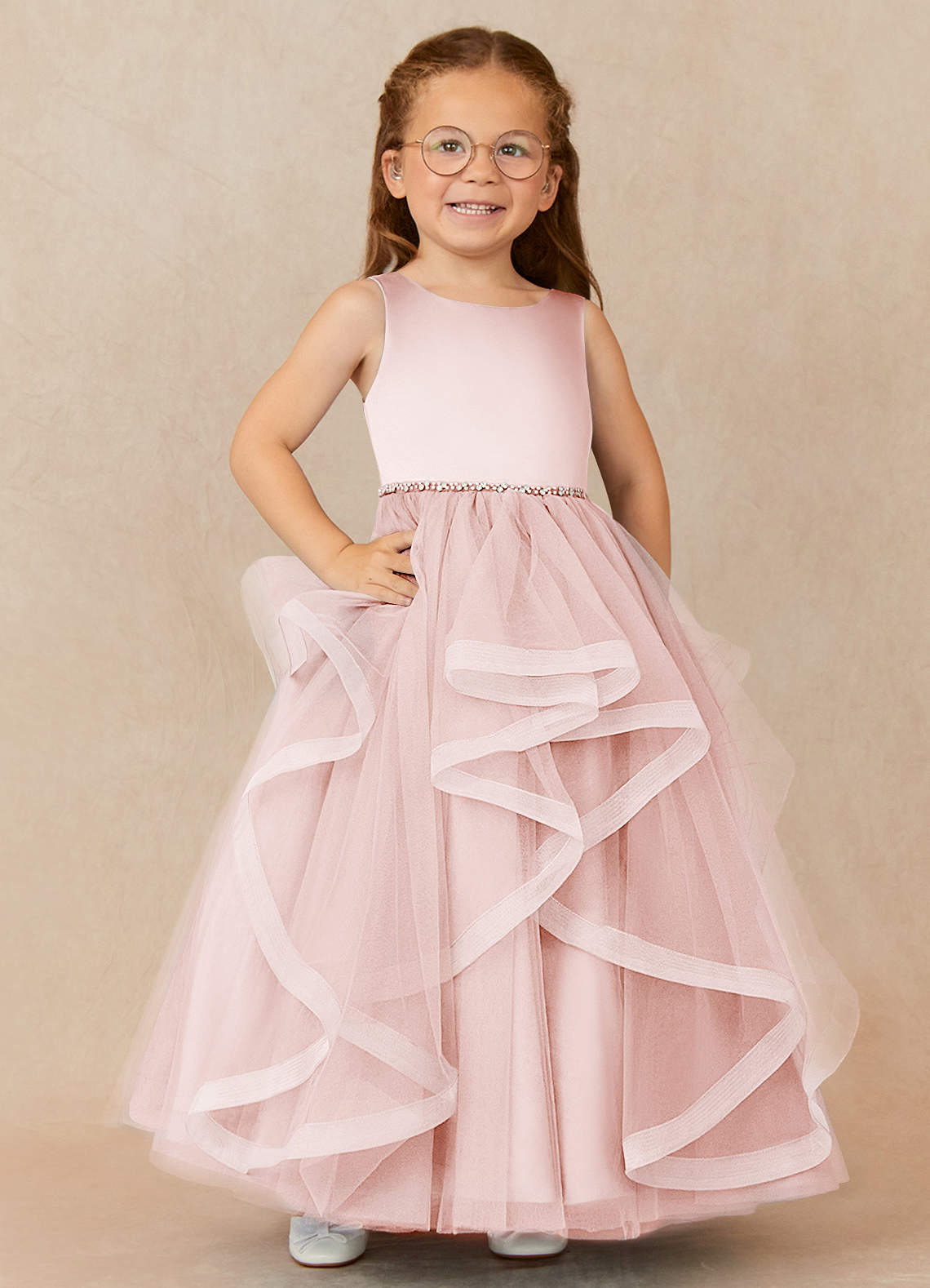 Azazie Sofia Flower Girl Dresses Blushing Pink A-Line Beaded Tulle Dress image1