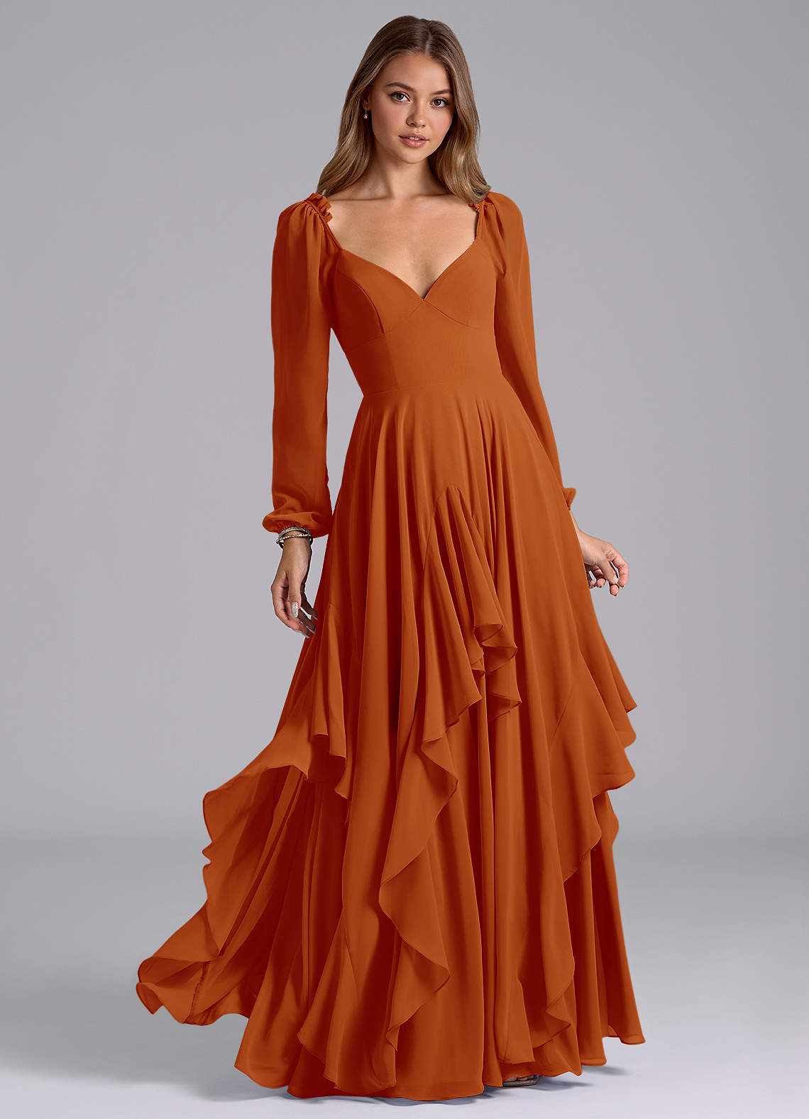 Azazie Karan Bridesmaid Dresses Paprika A-Line Long Sleeve Chiffon Dress image1