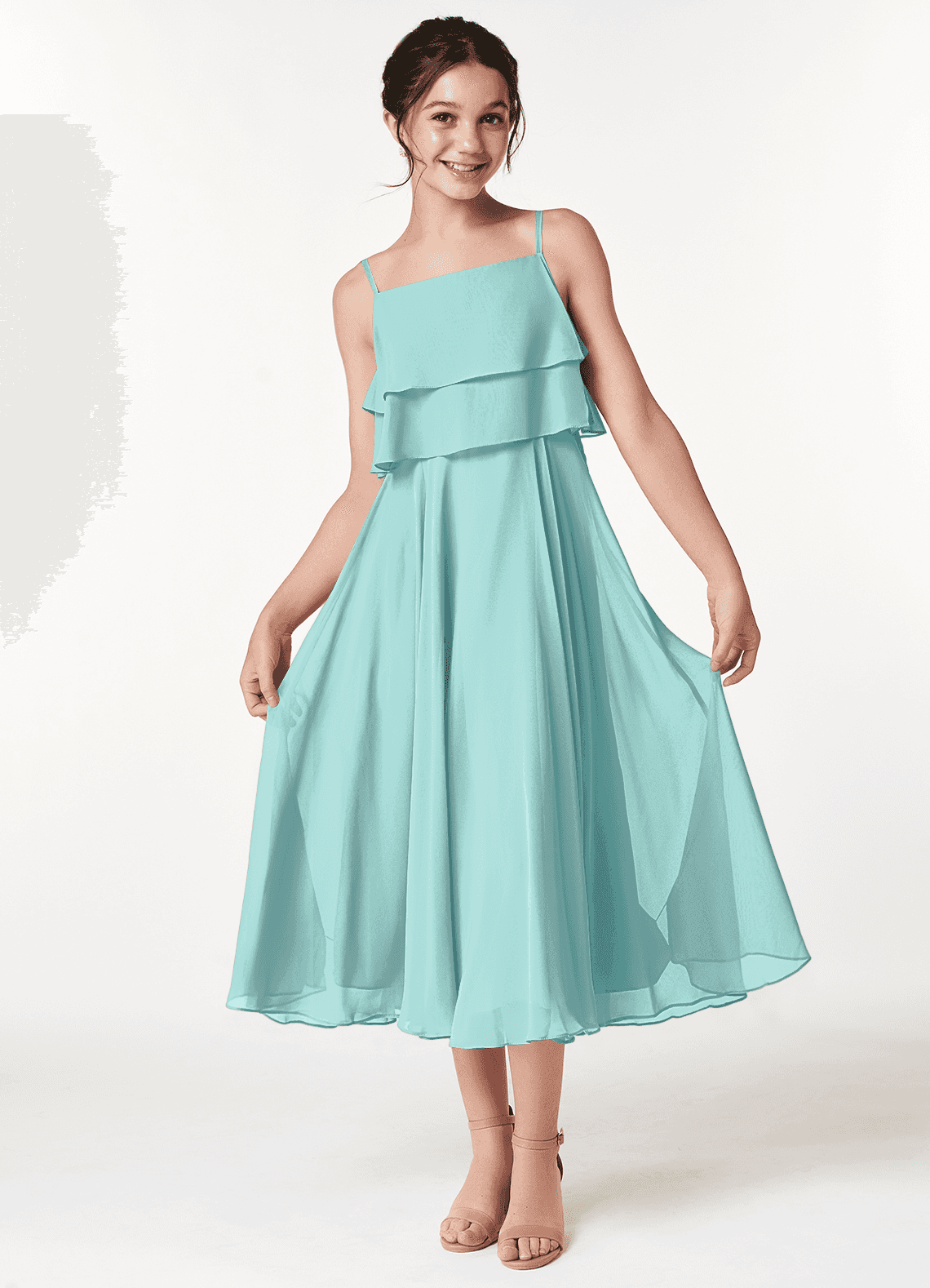 Azazie Ensley Junior Abito A-Line in Chiffon Plissettato Acqua image1