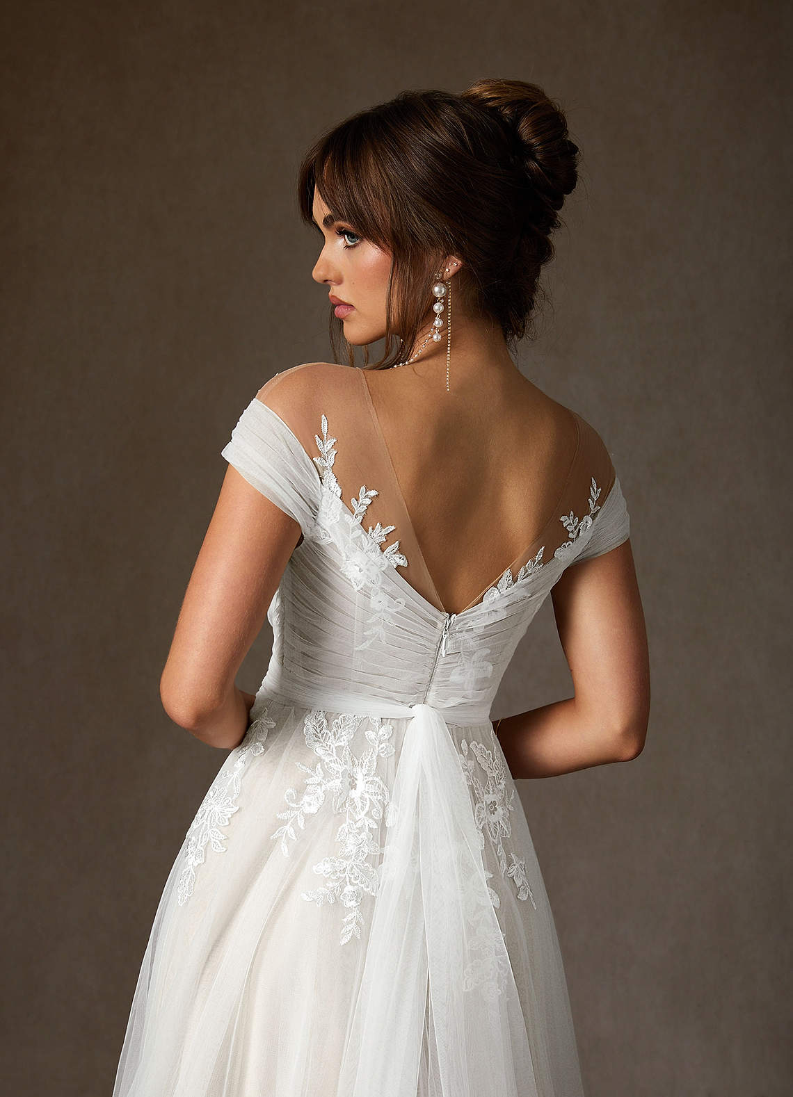 Azazie Cindy Wedding Dresses Diamond White A-Line Illusion Off-The-Shouler Lace Tulle Dress image12