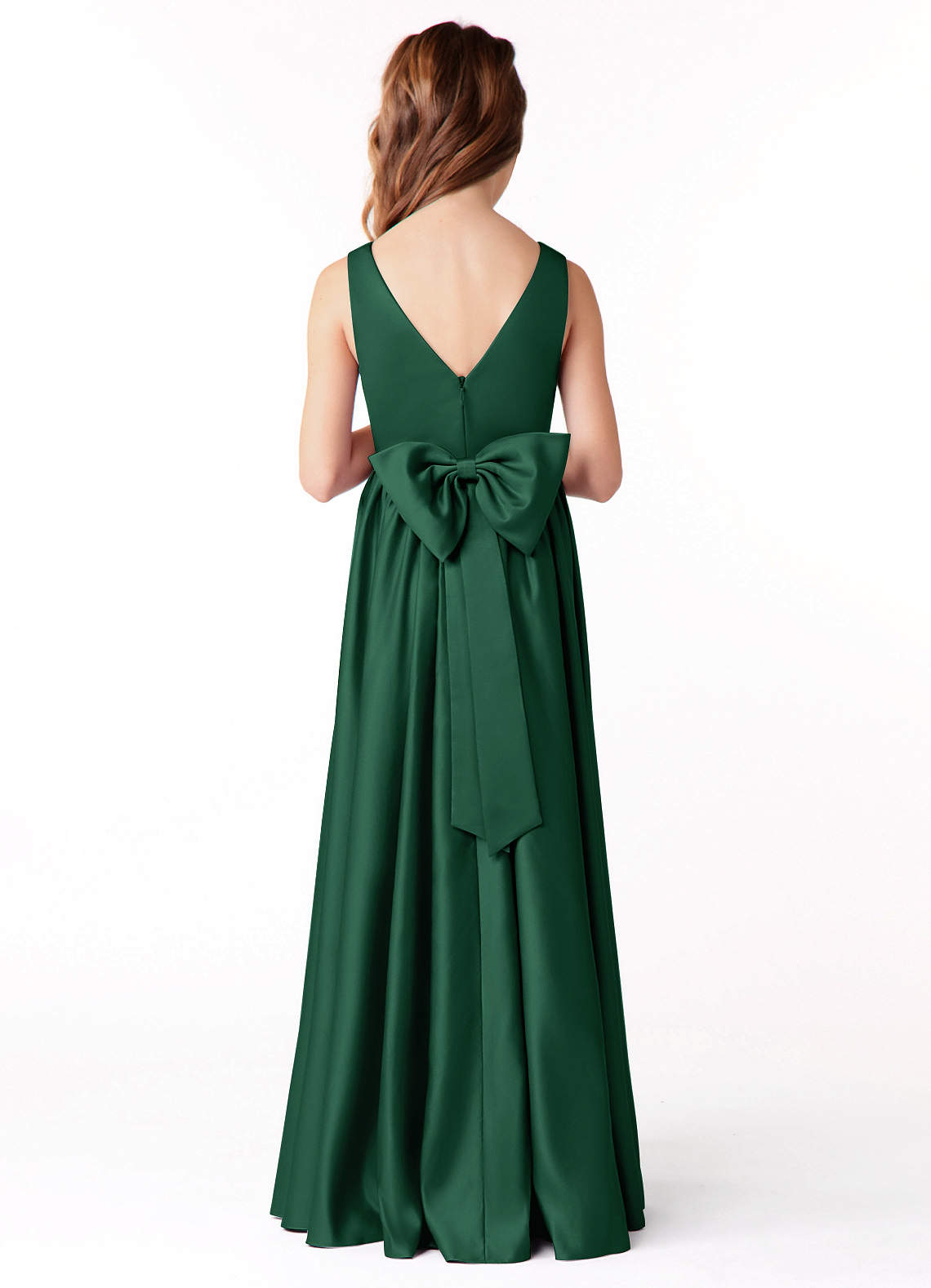 Azazie Hathaway Junior Dark Green A-Line Bow Stretch Satin Dress image1
