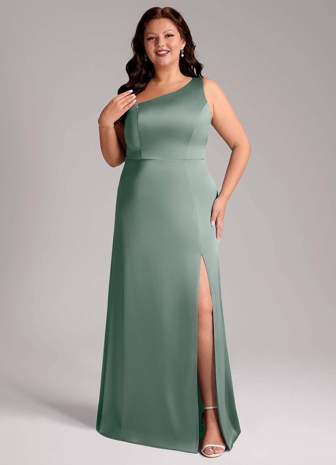 Azazie Phaedra Jurken voor bruidsmeisjes Jurk van Stretch Satijn met A-Lijn One-Shoulder Zilveren Salie image1