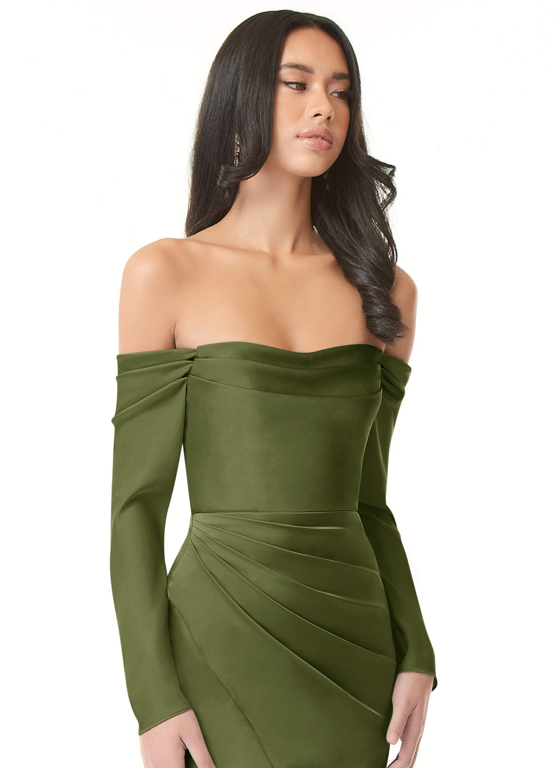 Azazie Hallie Bridesmaid Dresses Olive Sheath Off-The-Shoulder Long Sleeve Stretch Satin Convertible Dress image1