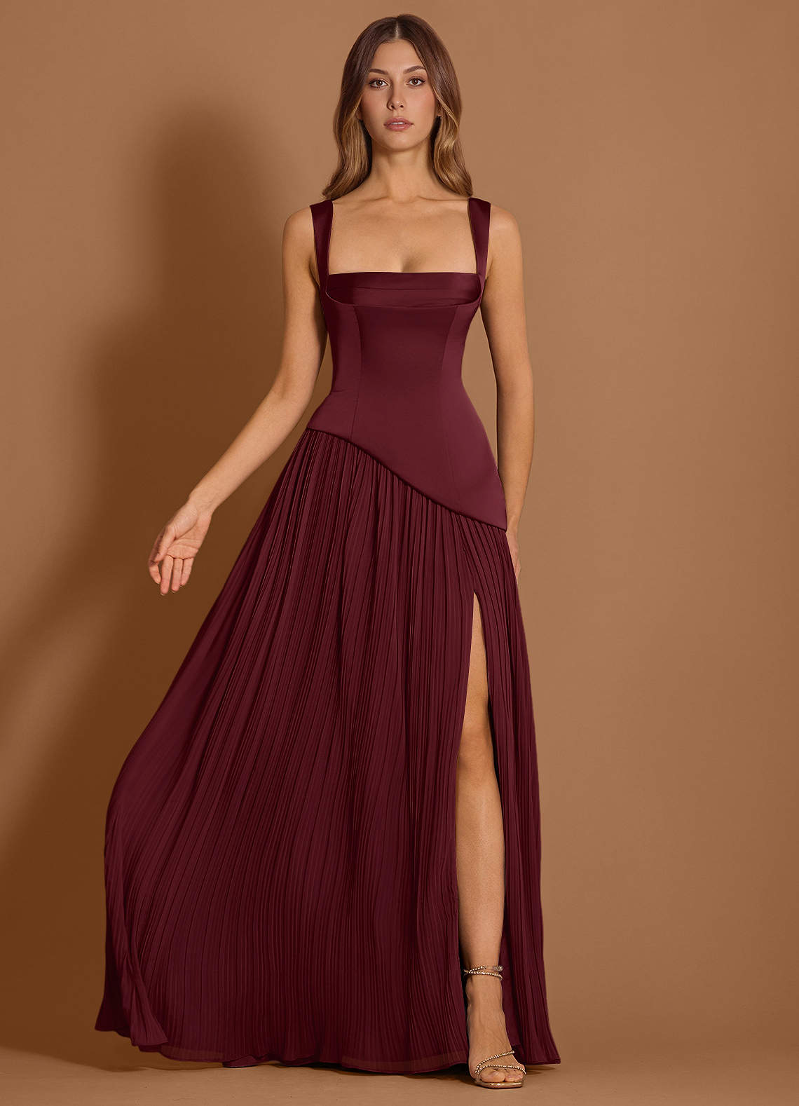 Azazie Floor-Length Maxi Dresses A-Line Wedding Guest Formal Dresses Square Wine