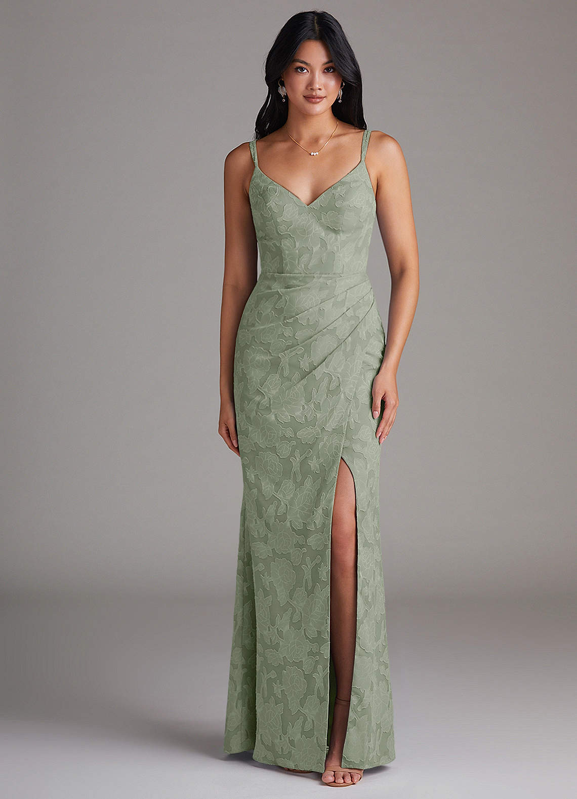 Azazie Leo Bridesmaid Dresses Agave Sheath Pleated Floral Burnout Dress image1