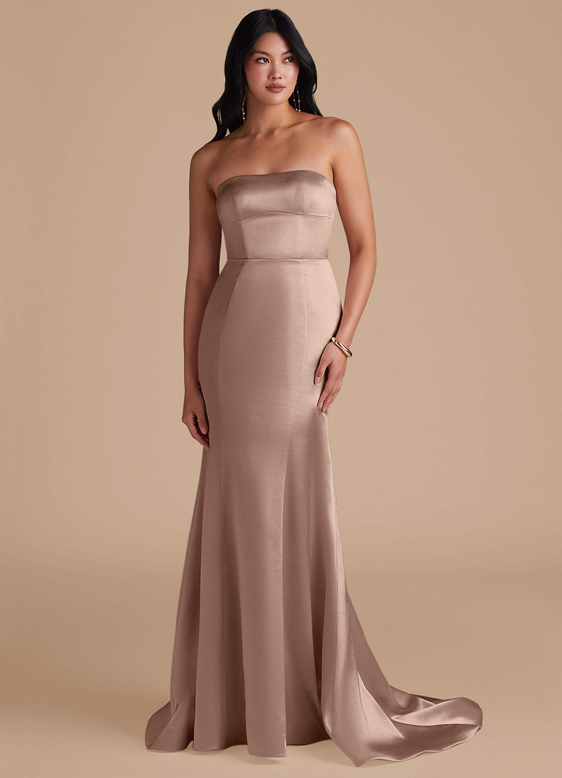 Azazie Aura Ready to Ship Taupe Metallic Satin Bridesmaid Dresses | Azazie