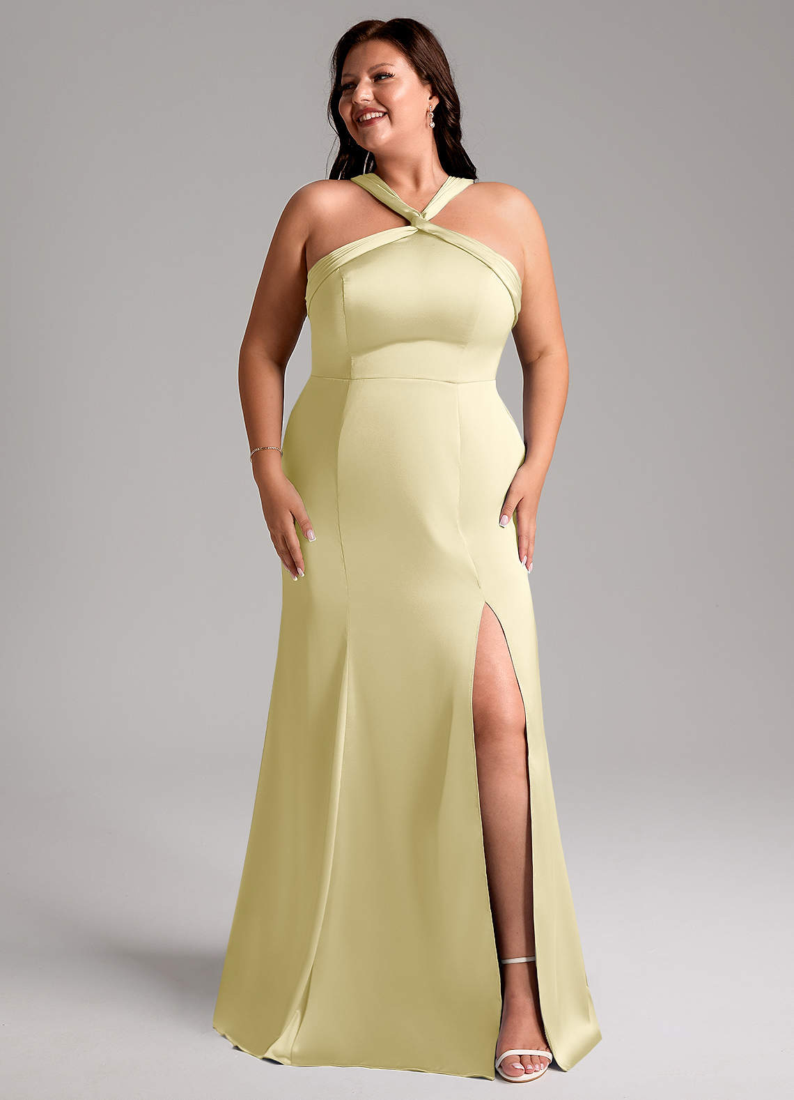 Azazie Rue Bridesmaid Dresses Lemon Sorbet Mermaid Pleated Stretch Satin Dress image9