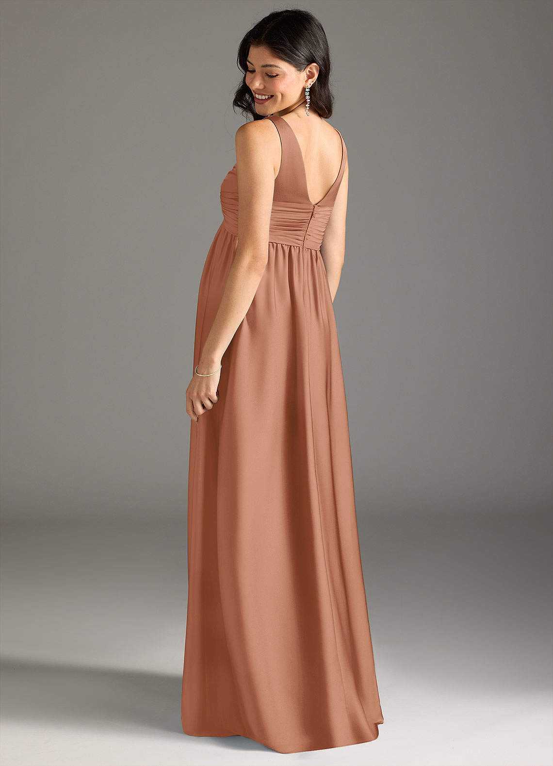Azazie Yetta At-home Try On Dresses A-Line Pleated Stretch Satin Floor-Length Dress image2