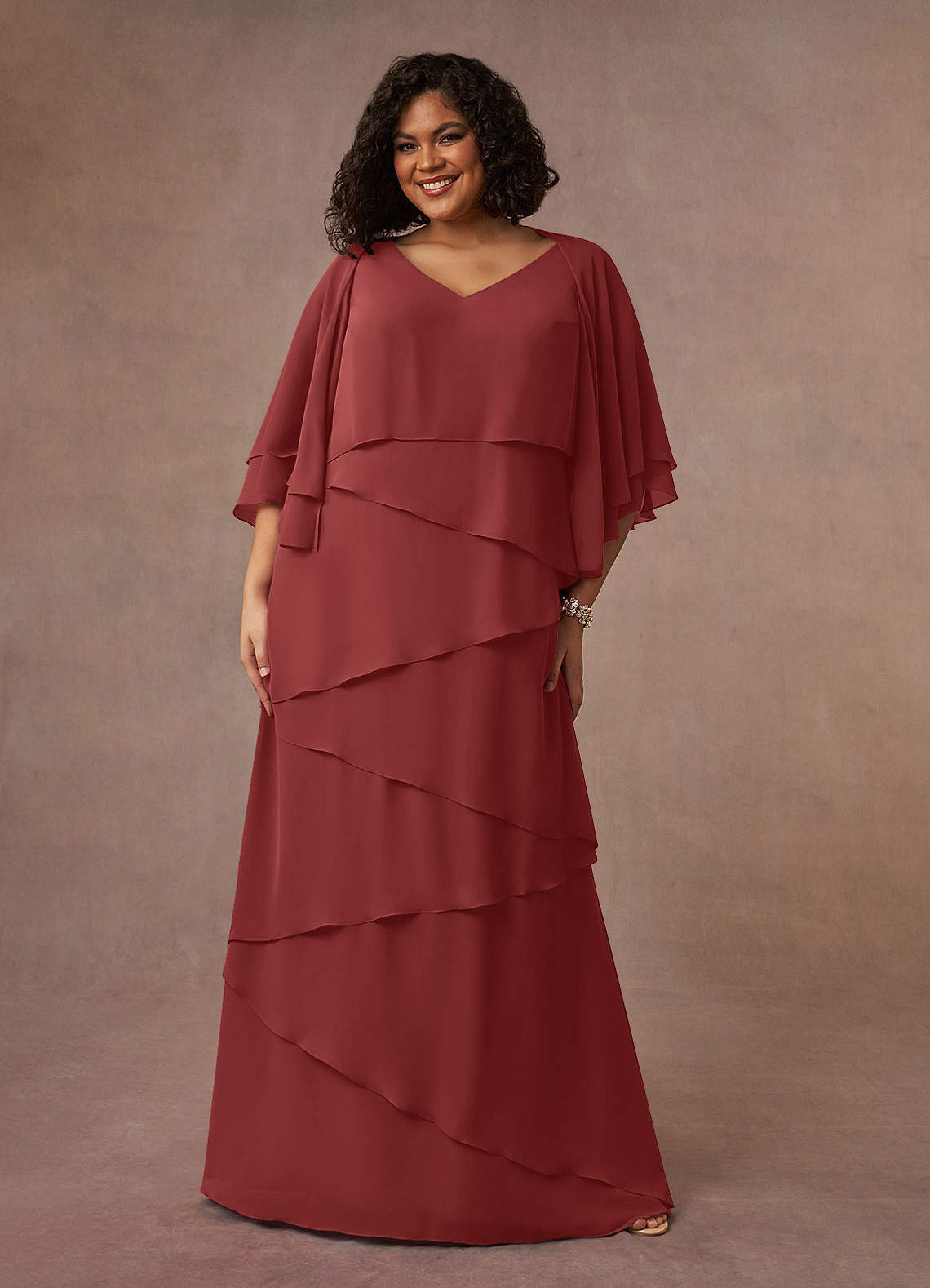 Azazie OHara Mère de la mariée Robes Robe Trapèze en Mousseline de soie Col V Terracotta image1