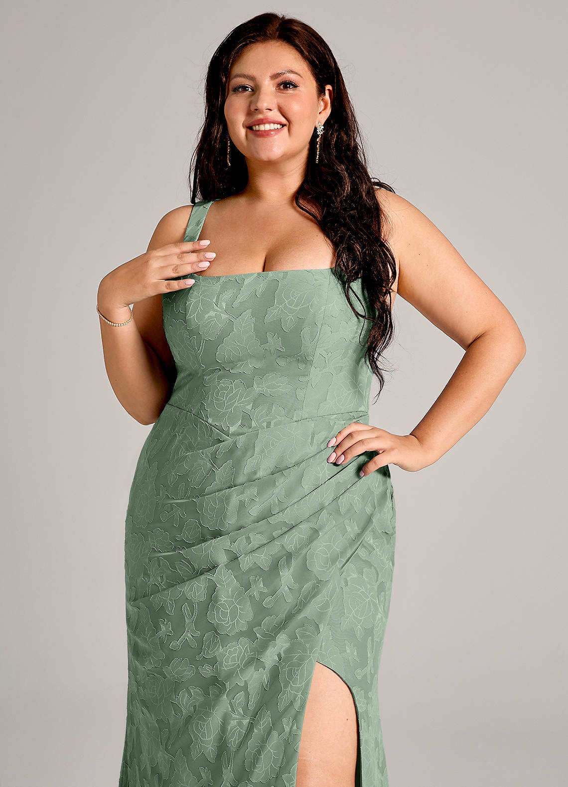 Azazie Mero Bridesmaid Dresses Matcha Sheath Pleated Floral Burnout Dress image10