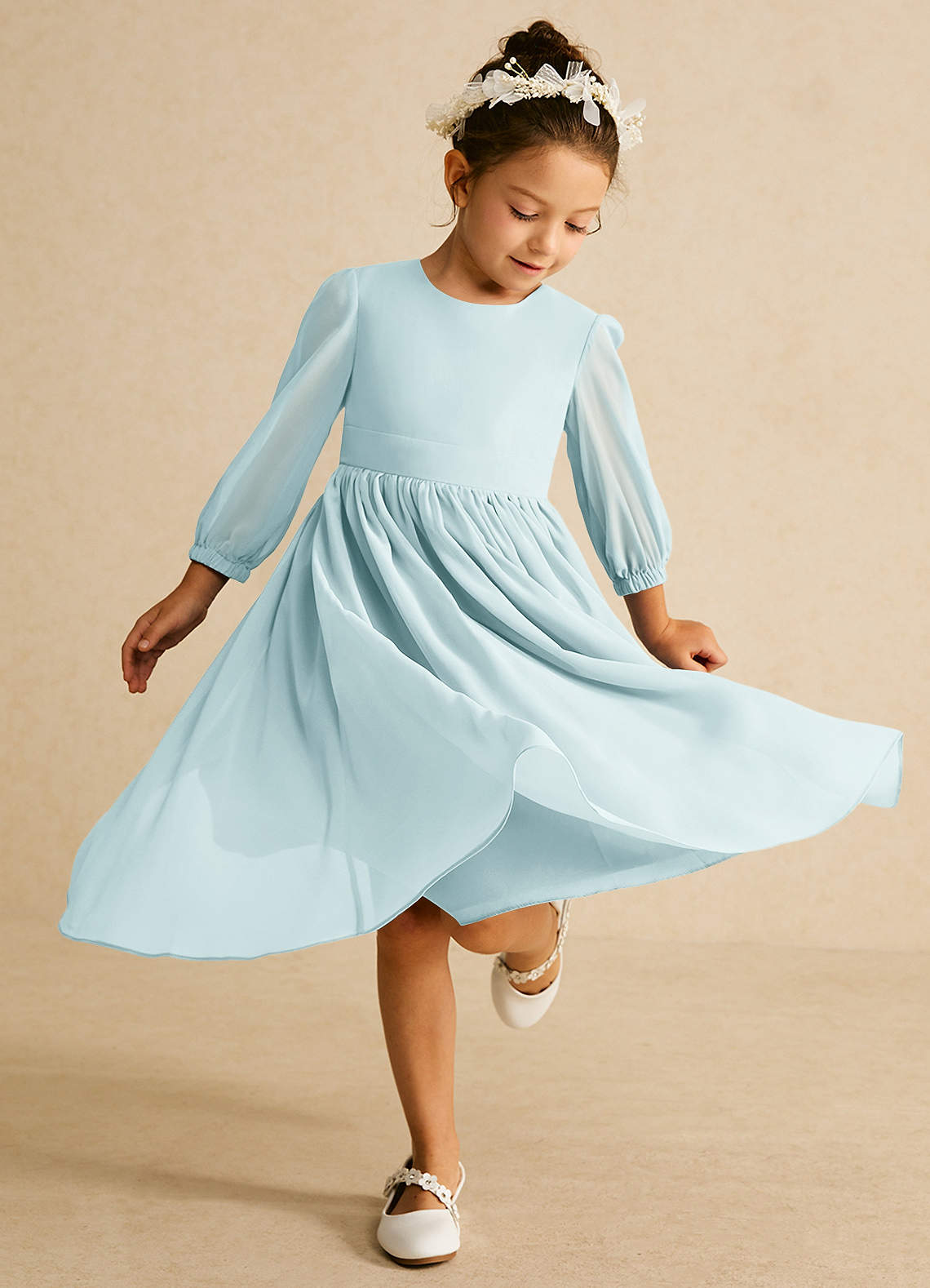 Azazie Lolo Flower Girl Dresses Mist A-Line with Sleeves Chiffon Dress image1