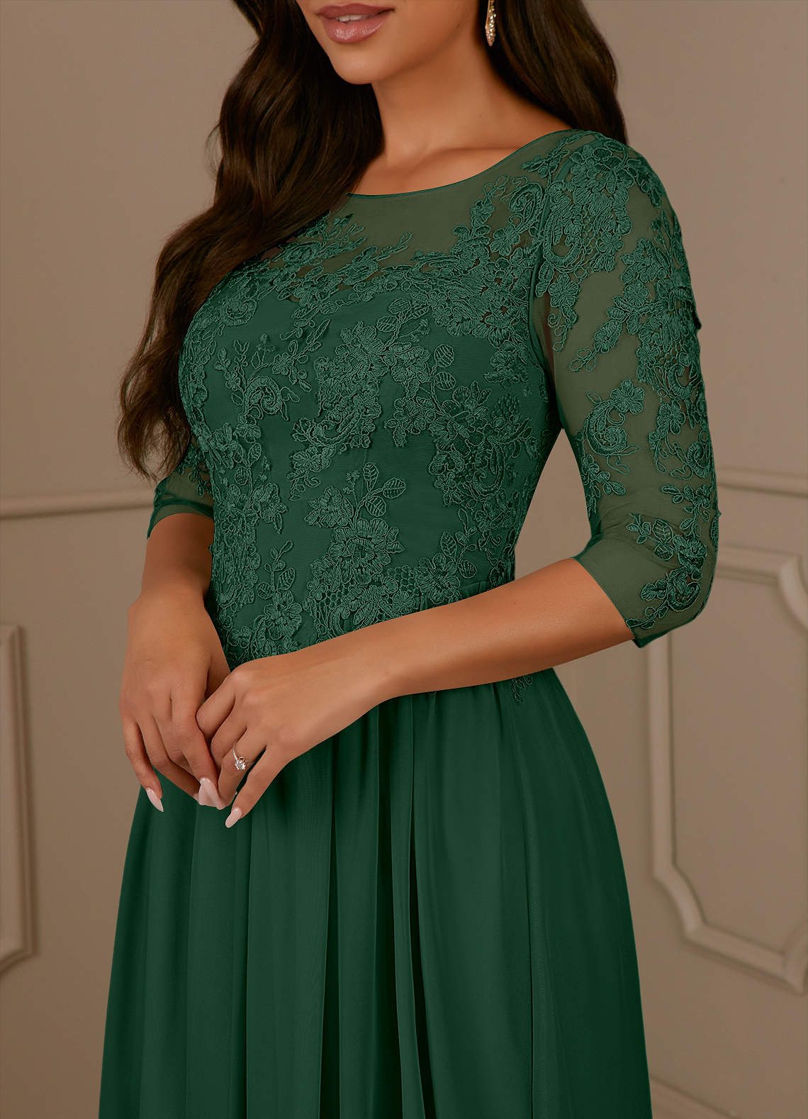 Azazie Harriet Dark Green A-Line Scoop lace Mesh Dress | Azazie CA