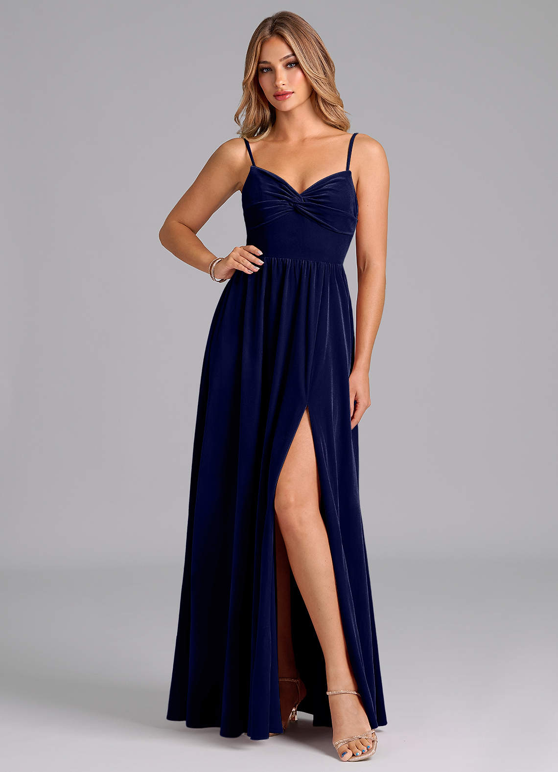 Azazie Zeya Bridesmaid Dresses Dark Navy A-Line Pleated Velvet Dress image1