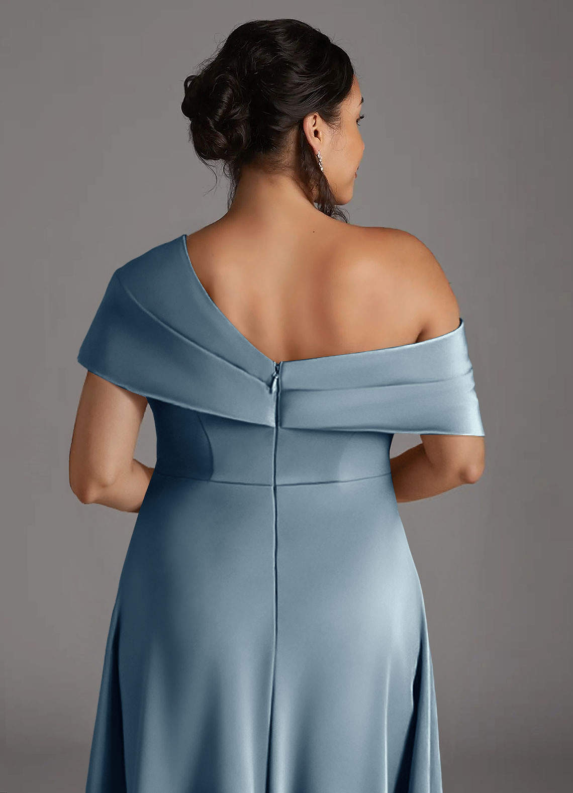 Azazie Milton Mother of the Bride Dresses Dusty Blue A-Line Pleated Stretch Satin Dress image9