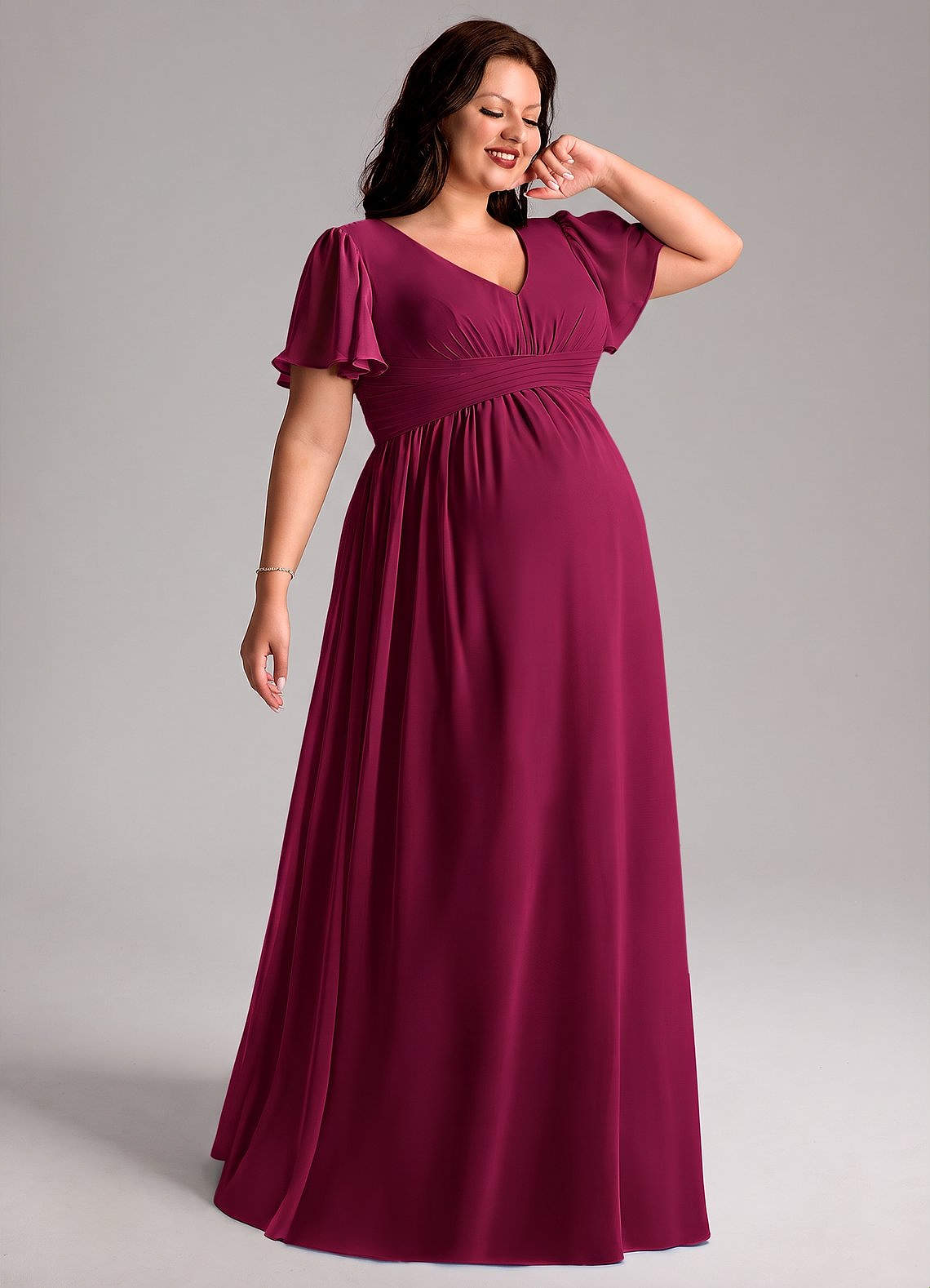 Azazie Verna Maternity Bridesmaid Dresses A-Line V-Neck Ruched Chiffon Floor-Length Dress image6