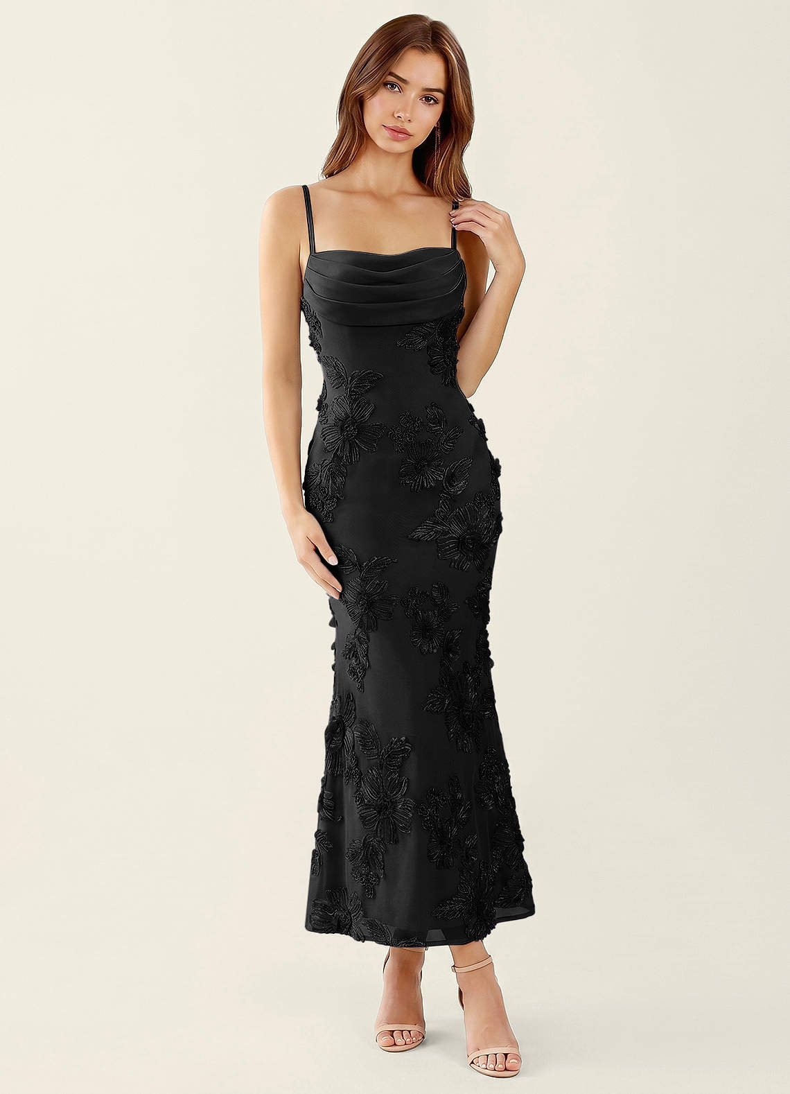 Floriane Black 3D Flowers Corset Mermaid Lace Up Back Maxi Dress