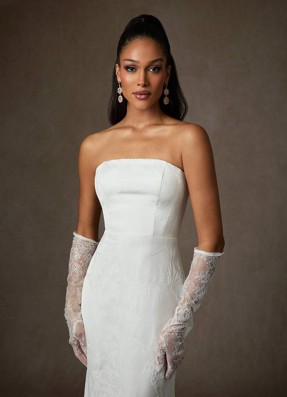 Azazie Shivon Diamond White Sheath Strapless Floral Jacquard Dress