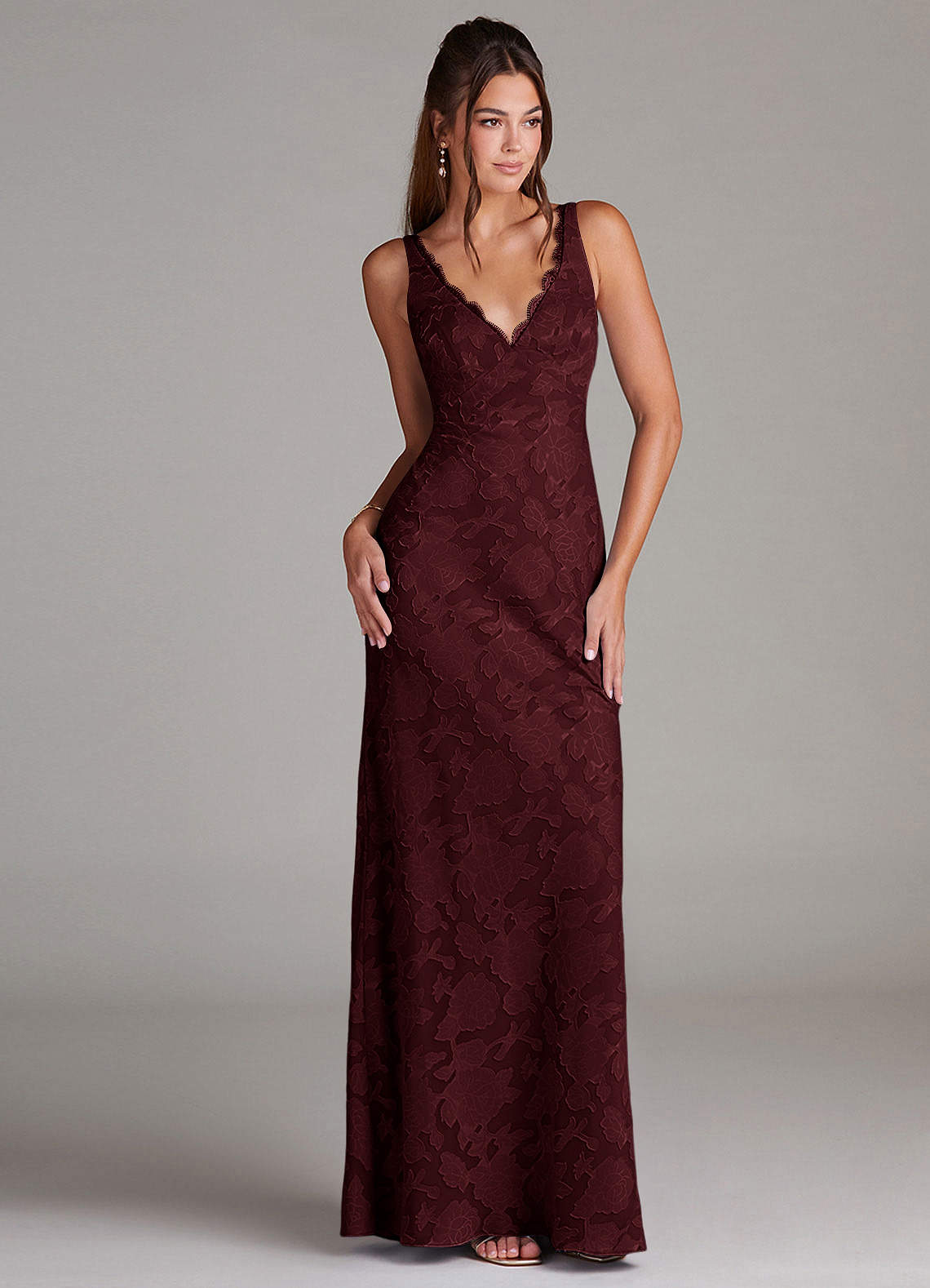 Azazie Tianna Bridesmaid Dresses Cabernet Sheath Lace Floral Burnout Dress image2