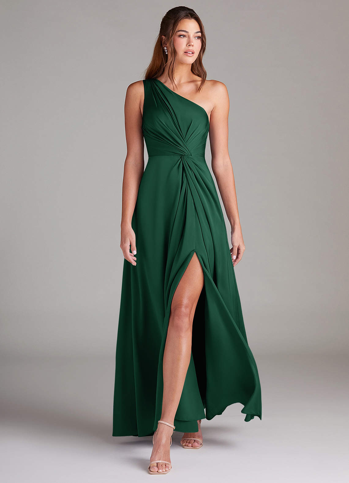 Azazie Brooke Bridesmaid Dresses Dark Green A-Line One Shoulder Stretch Satin Dress image2