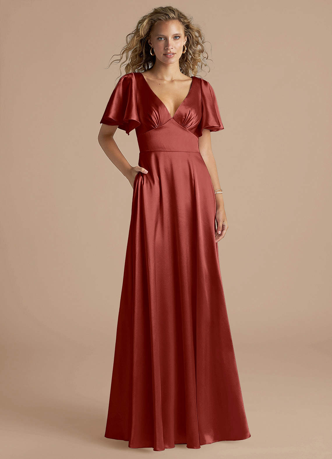 Azazie Kimber Bridesmaid Dresses Terracotta A-Line Ruched Metallic Satin Dress image1