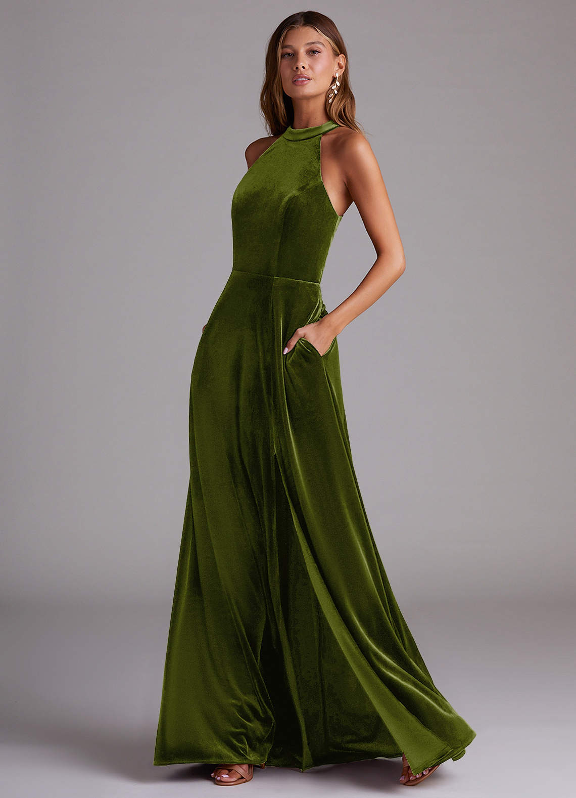 Azazie Larice Bridesmaid Dresses Olive A-Line High Neck Velvet Dress image2