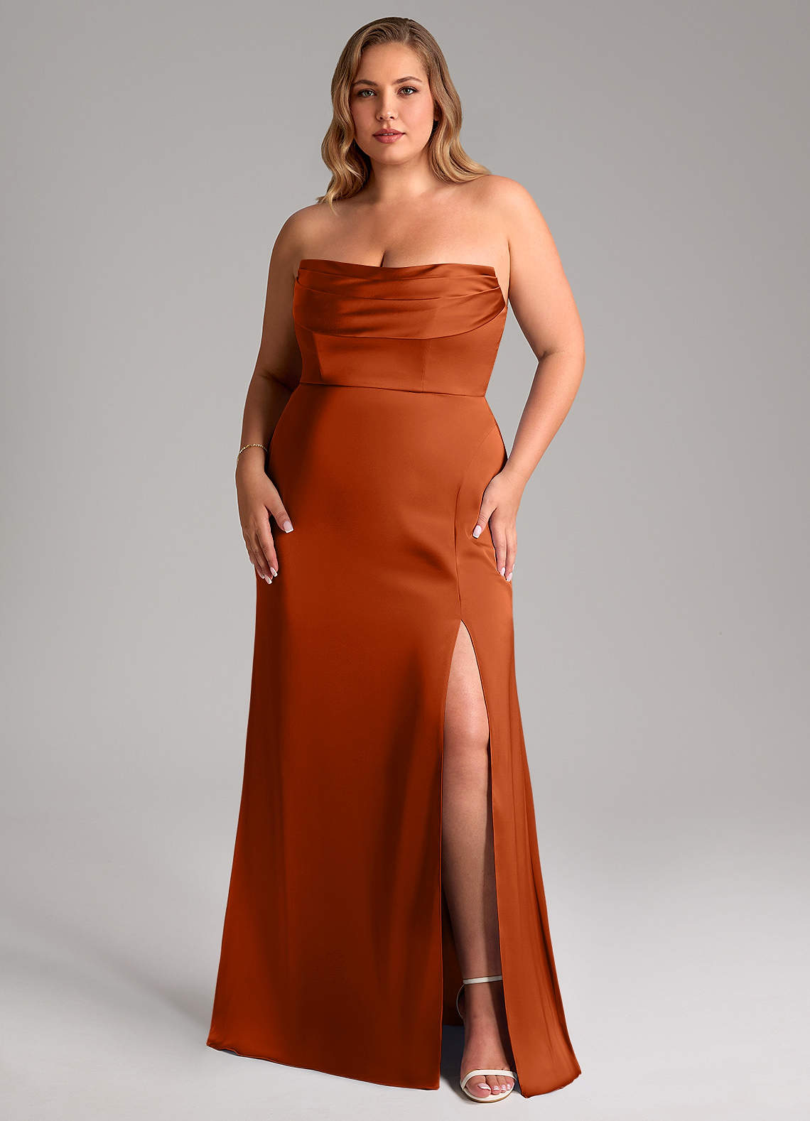 Azazie Saige Bridesmaid Dresses Burnt Orange Sheath Off the Shoulder Stretch Satin Dress image15