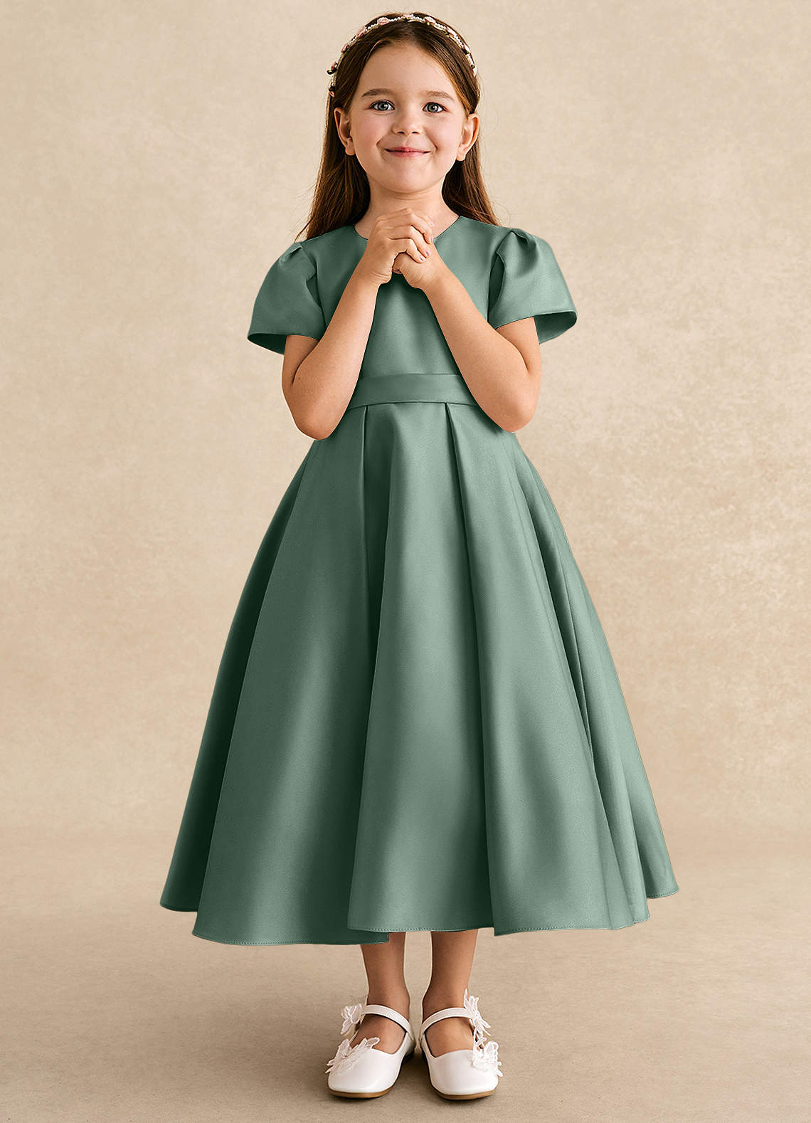 Azazie Princess Flower Girl Dresses Eucalyptus A-Line Pleated Matte Satin Dress image3