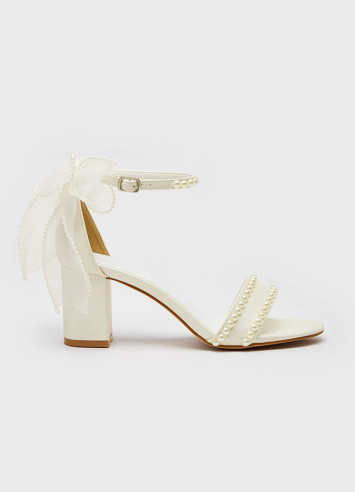 front Mini Pearl and Bow Block Heel Sandals