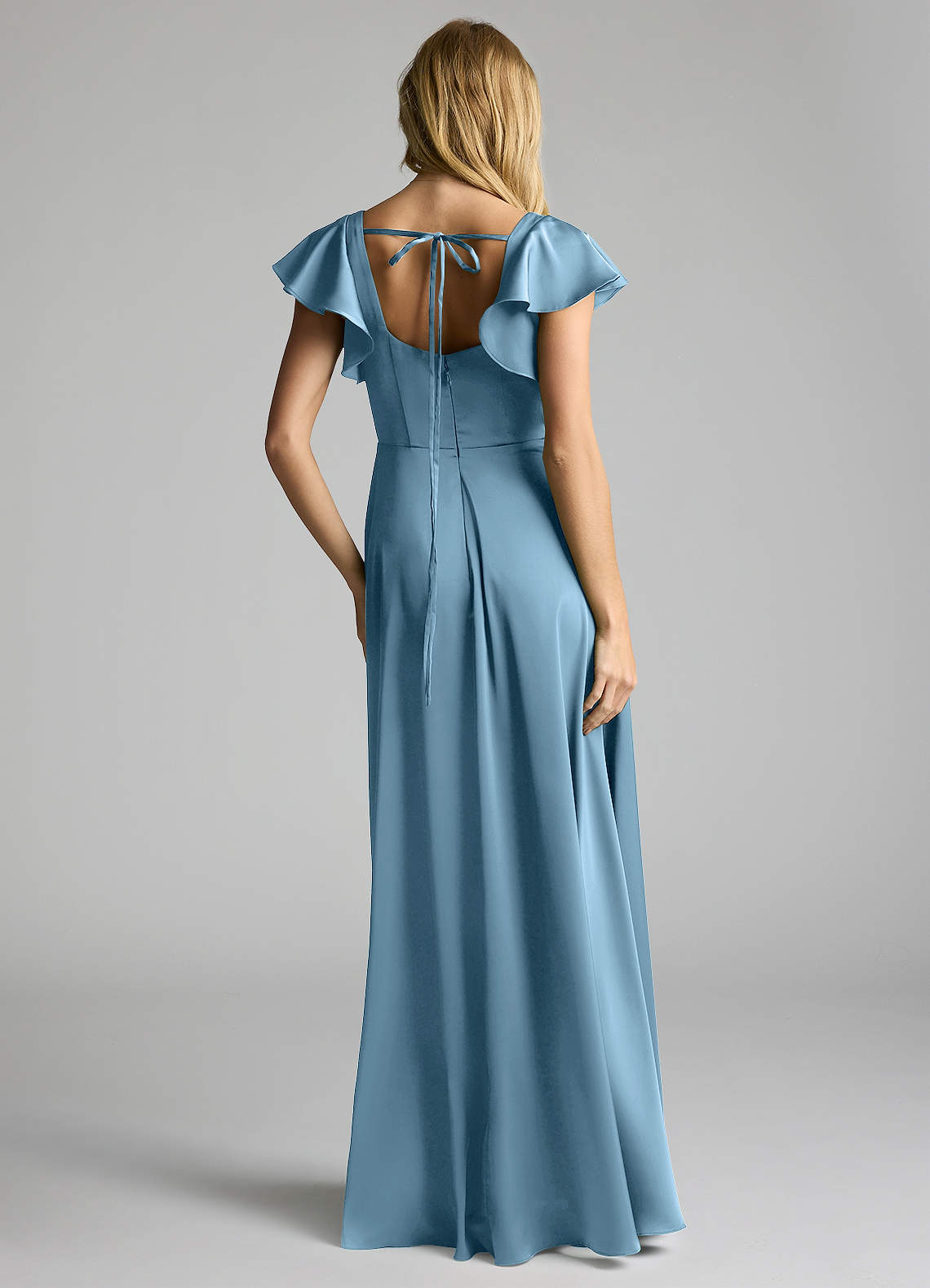 Azazie Bondi Bridesmaid Dresses Steel Blue A-Line Bow Stretch Satin Dress image3