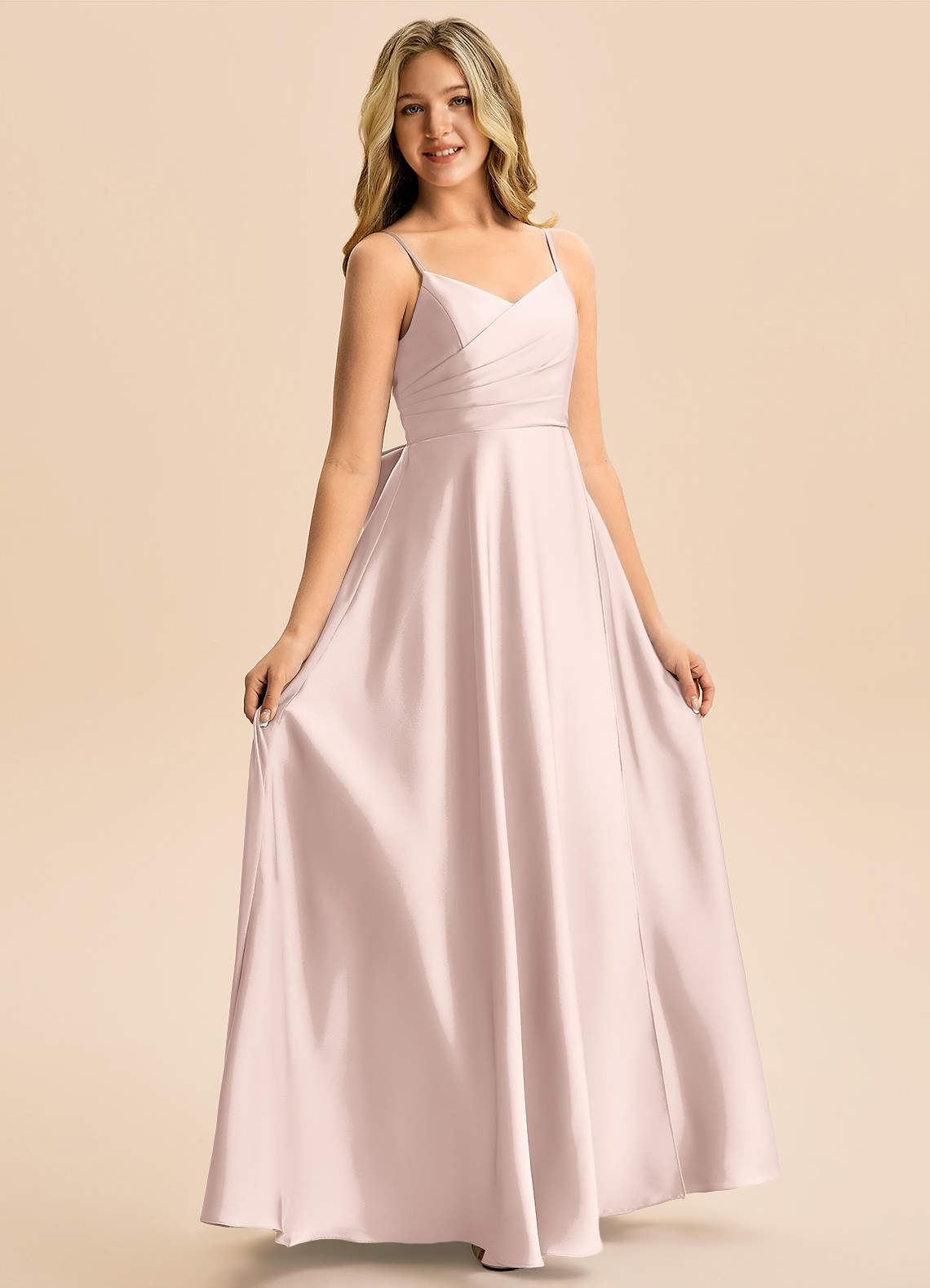 Azazie Rumi Junior Klä av A-Line i Stretch Satin Plisserad image4