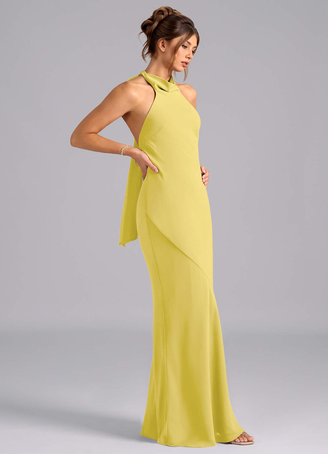 Azazie Velli Robes à essayer chez vous Robe Sirène en Mousseline de soie Col Haut Bleu Poussiéreux image3