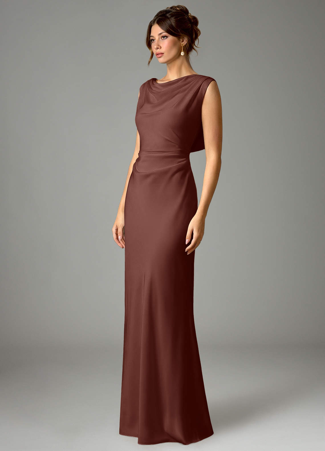 Azazie Kieryn Bridesmaid Dresses Espresso Mermaid Pleated Stretch Satin Dress image4