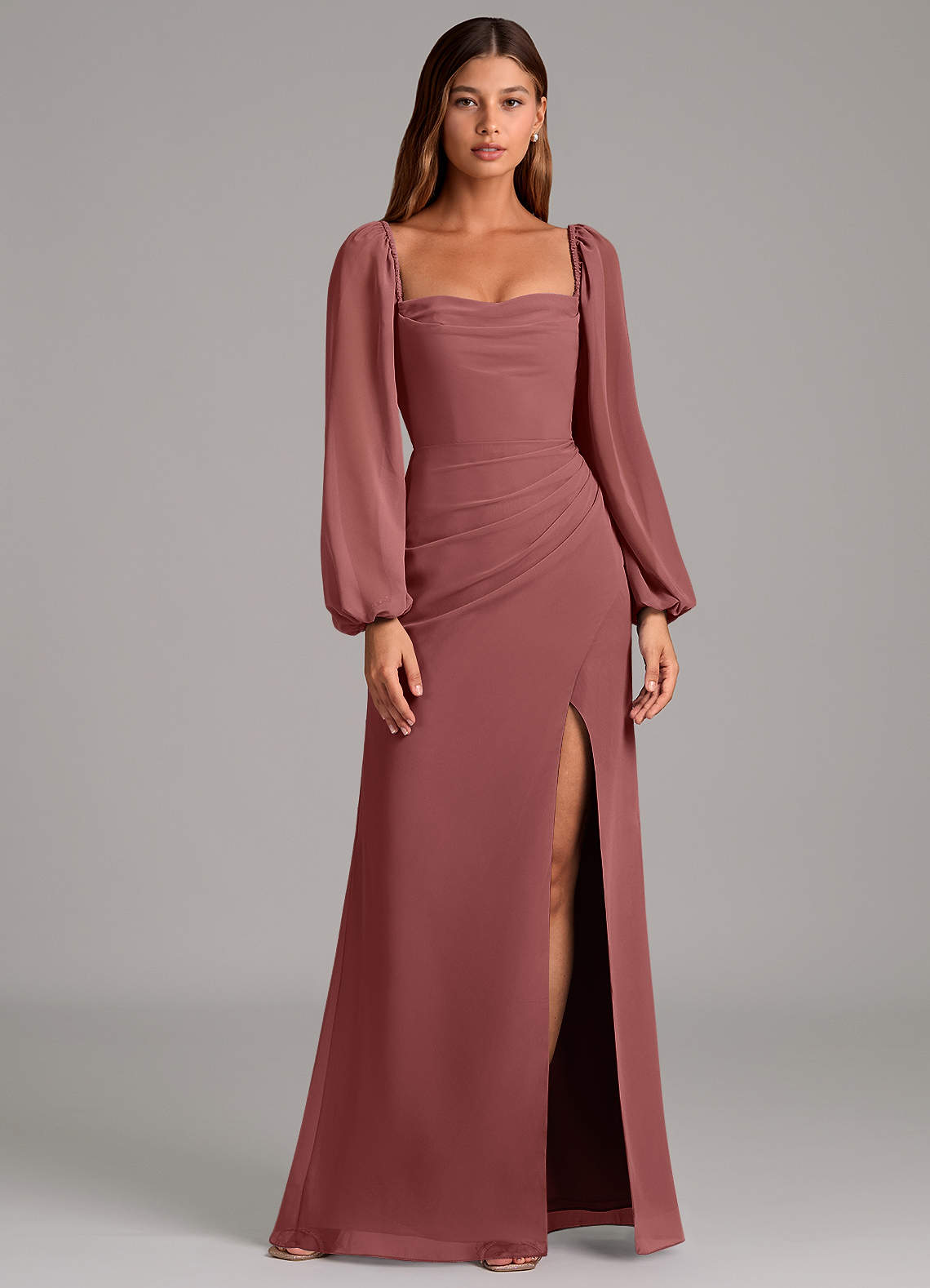 Azazie Brixley 신부 들러리 드레스 인어 긴팔 쉬폰 바닥 길이 드레스 image1