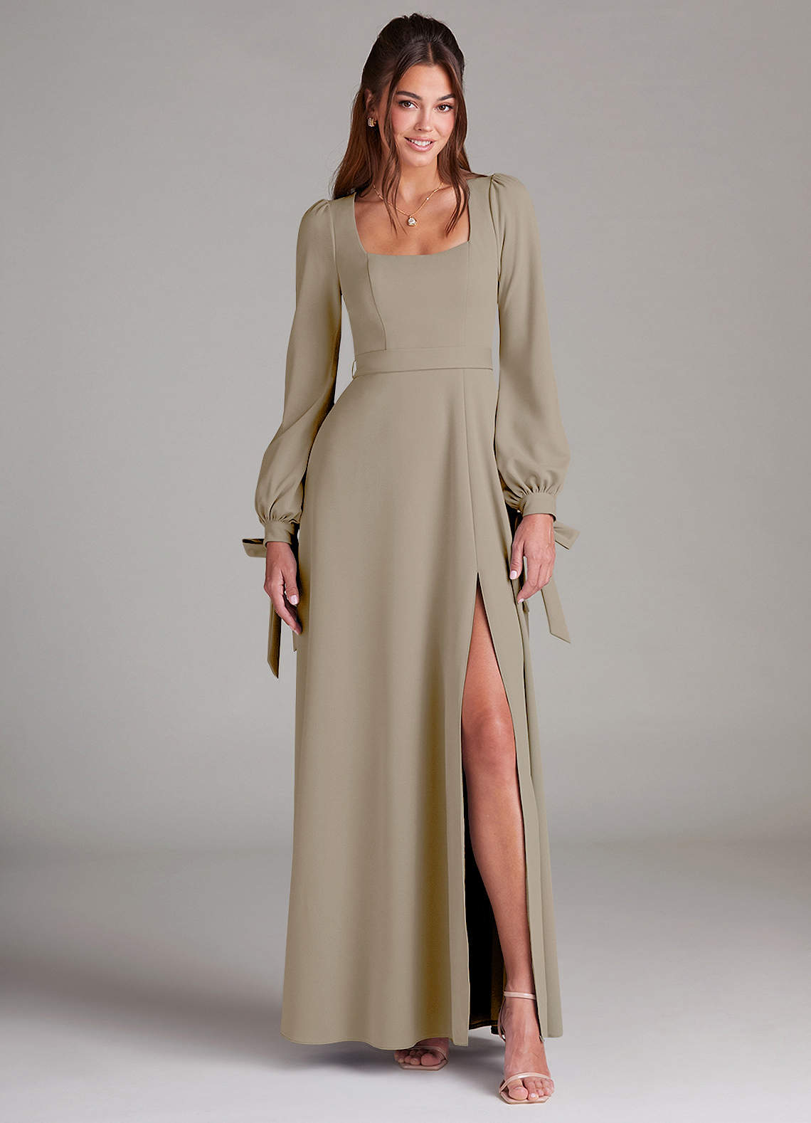 Azazie Leonia Bridesmaid Dresses Taupe A-Line Long Sleeve Stretch Crepe Dress image1