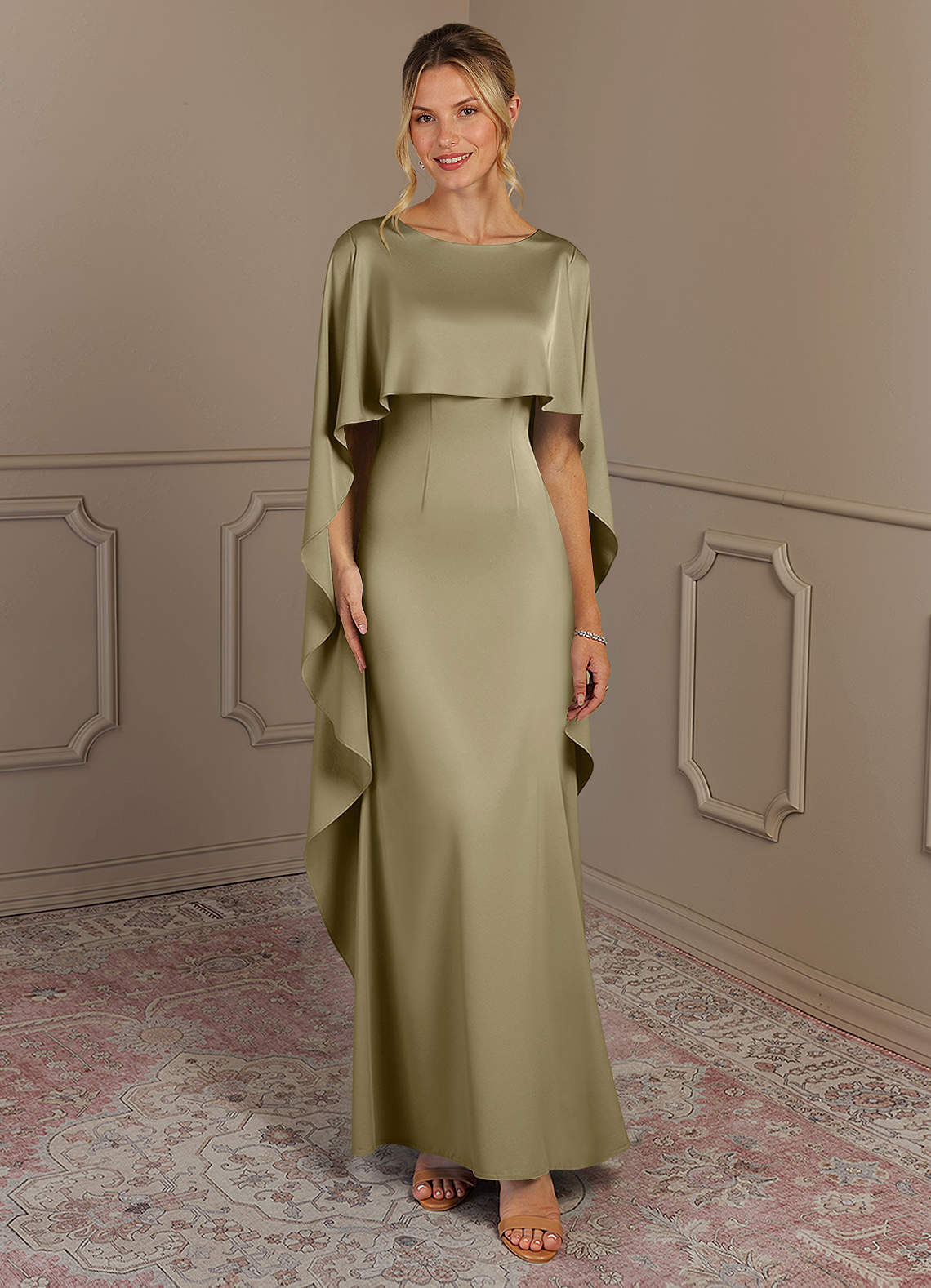 Azazie Eli Vestidos para mãe da noiva Vestir Musgo Verde de Cetim elástico de Bainha com Gargalo image1